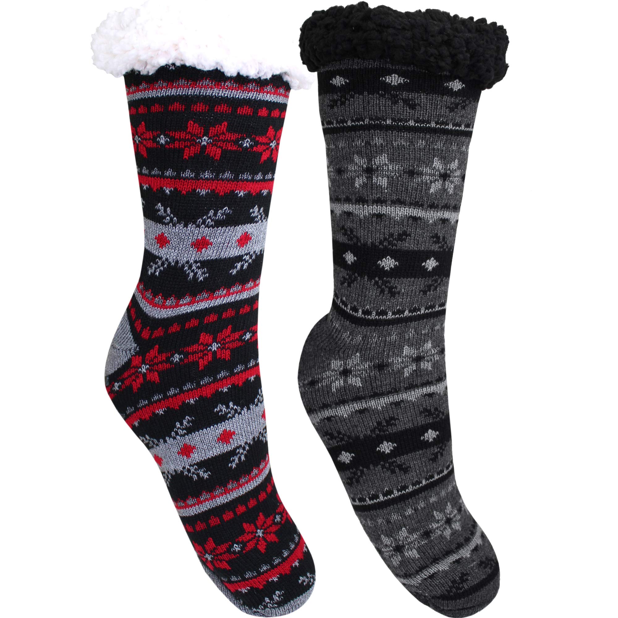 Teddyts Men's Black & Red Thermal Fairisle Lounge Slipper Socks With Grippers (2 Pair Pack) (Black & Red)