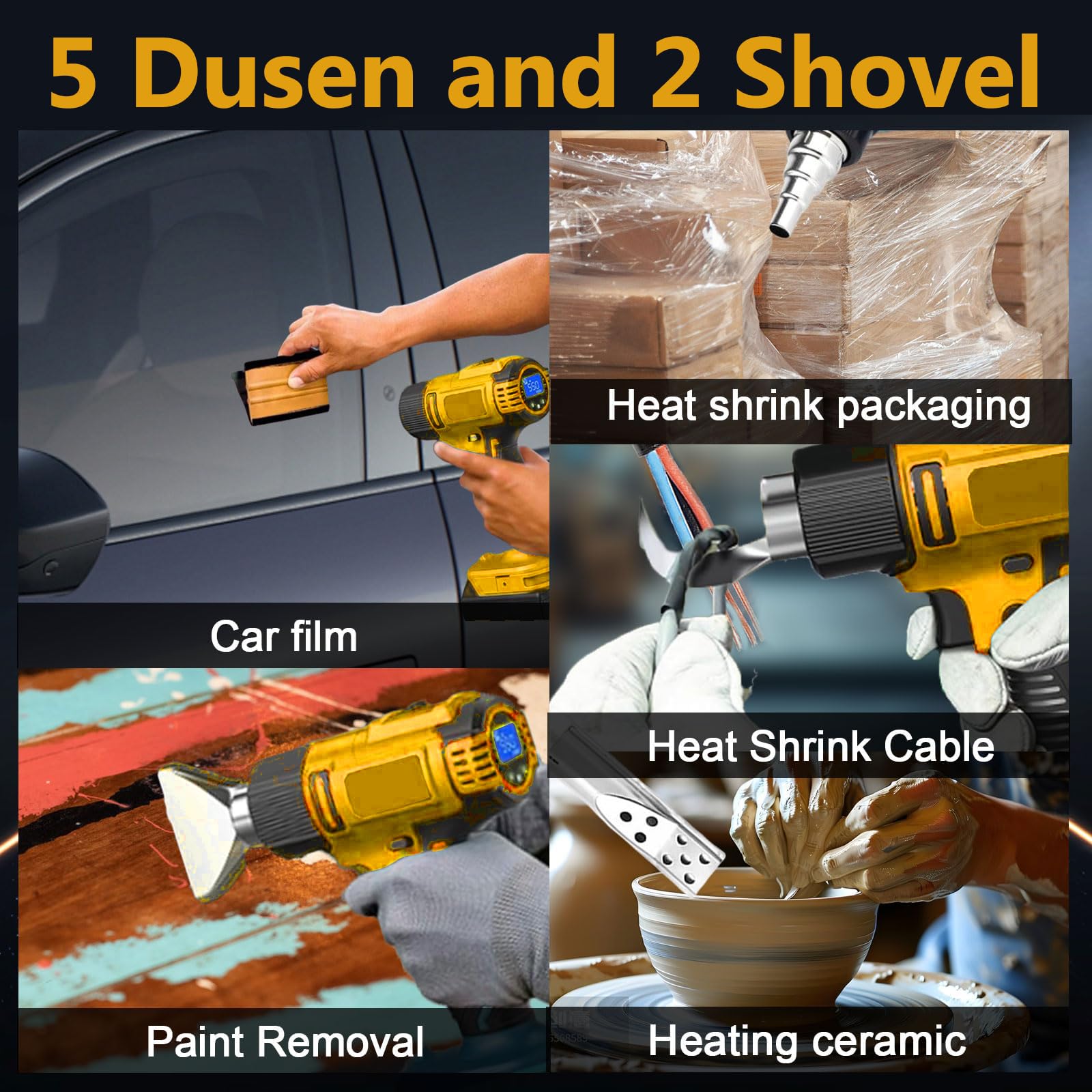 Pistolet à air chaud sans fil pour Dewalt 20 V Batterie, 50 °C à 550 °C | Pistolet à Air Chaud avec écran LCD Réglable de 50 à 550 °C, avec 5 Buses et 2 Shovels pour Soudure bricolage(Sans Batteries)
