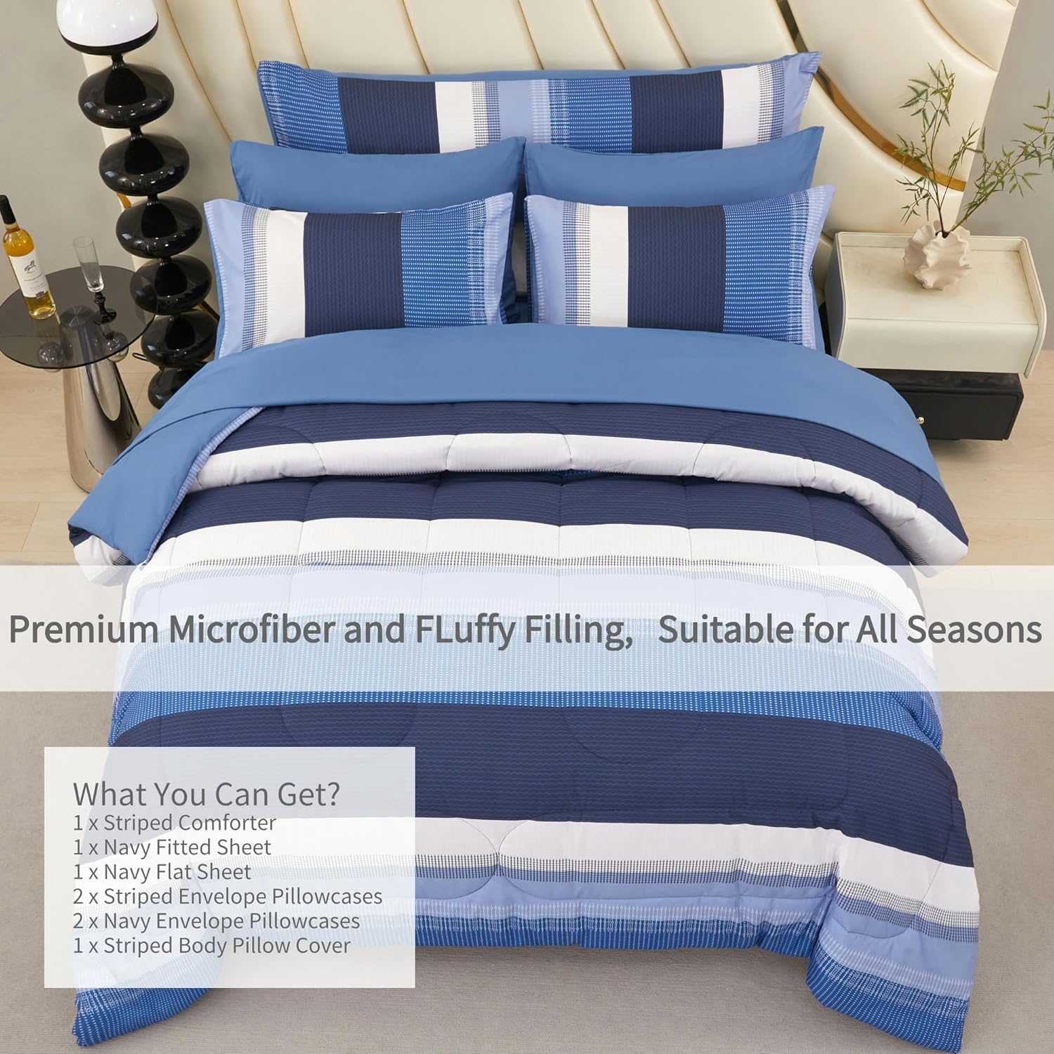 RYNGHIPY Navy Blue Comforter Set Full Size: 8 Pieces Bedding Set Colorblock Stripe Lightweight Soft All Season Comforter Sets with Sheets Pillowcases (Full,Navy) - Image 2