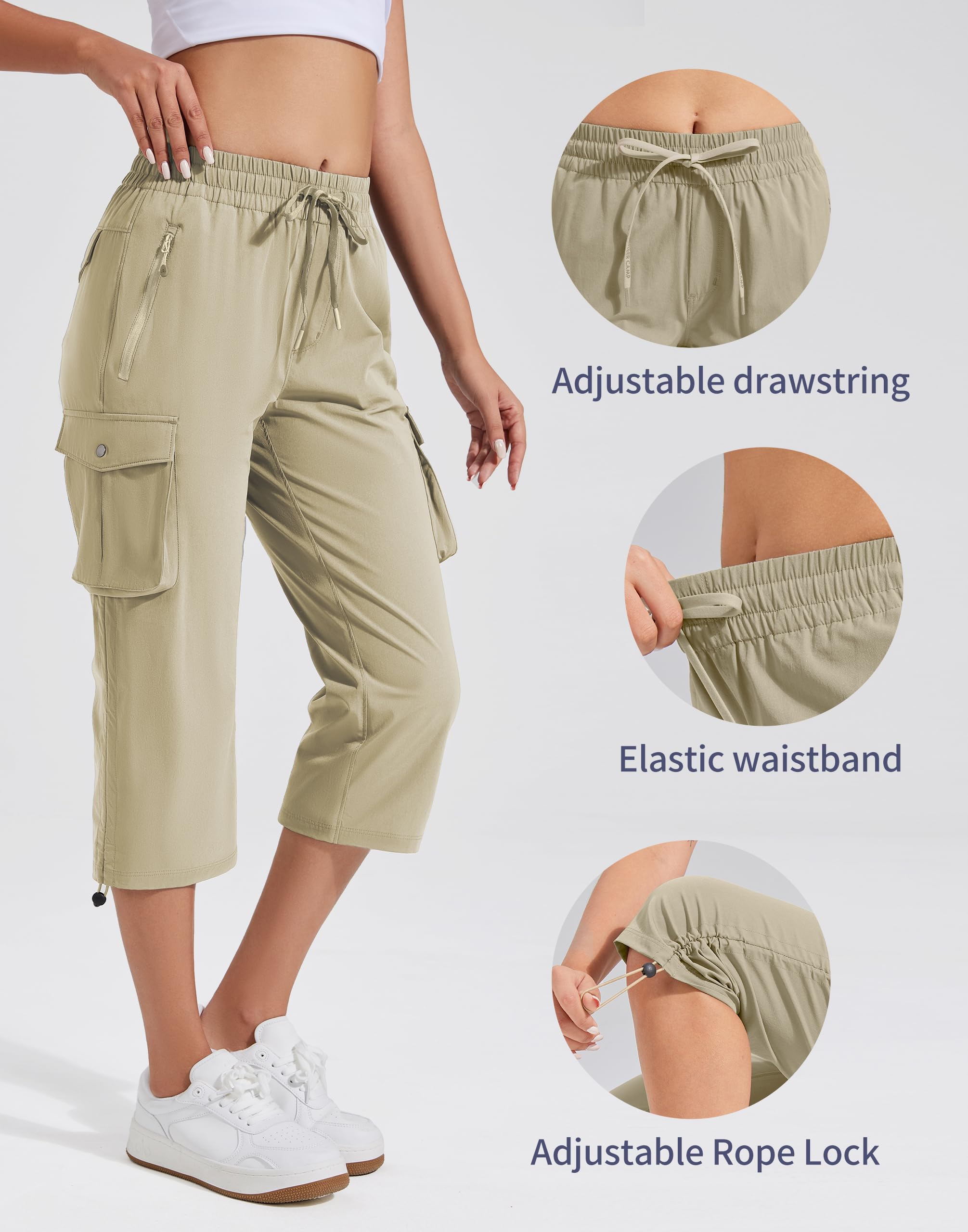 Pioneer Camp Damskie spodnie Capri 3/4 na lato, lekkie spodnie trekkingowe, swobodne Comfy, elastyczny ściągacz, spodnie outdoorowe z 6 kieszeniami