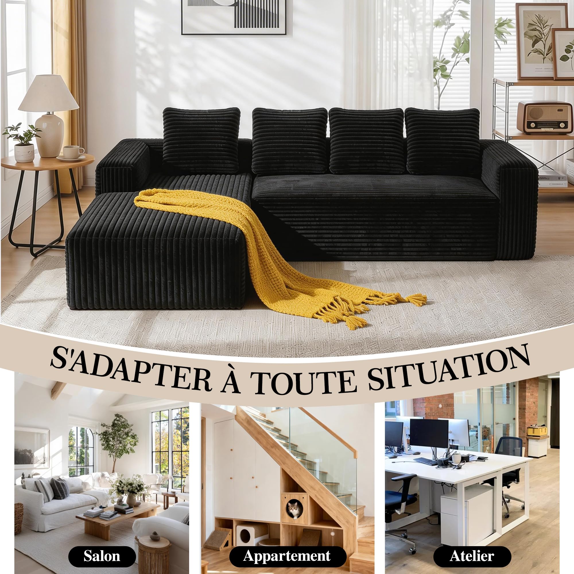 Canapé d'angle, Canapé 4 Places avec Méridienne et 4 Coussins, Canapé Compressé en L avec Méridienne, Canapé Cloud en Velours côtelé, pour Salon et Appartement