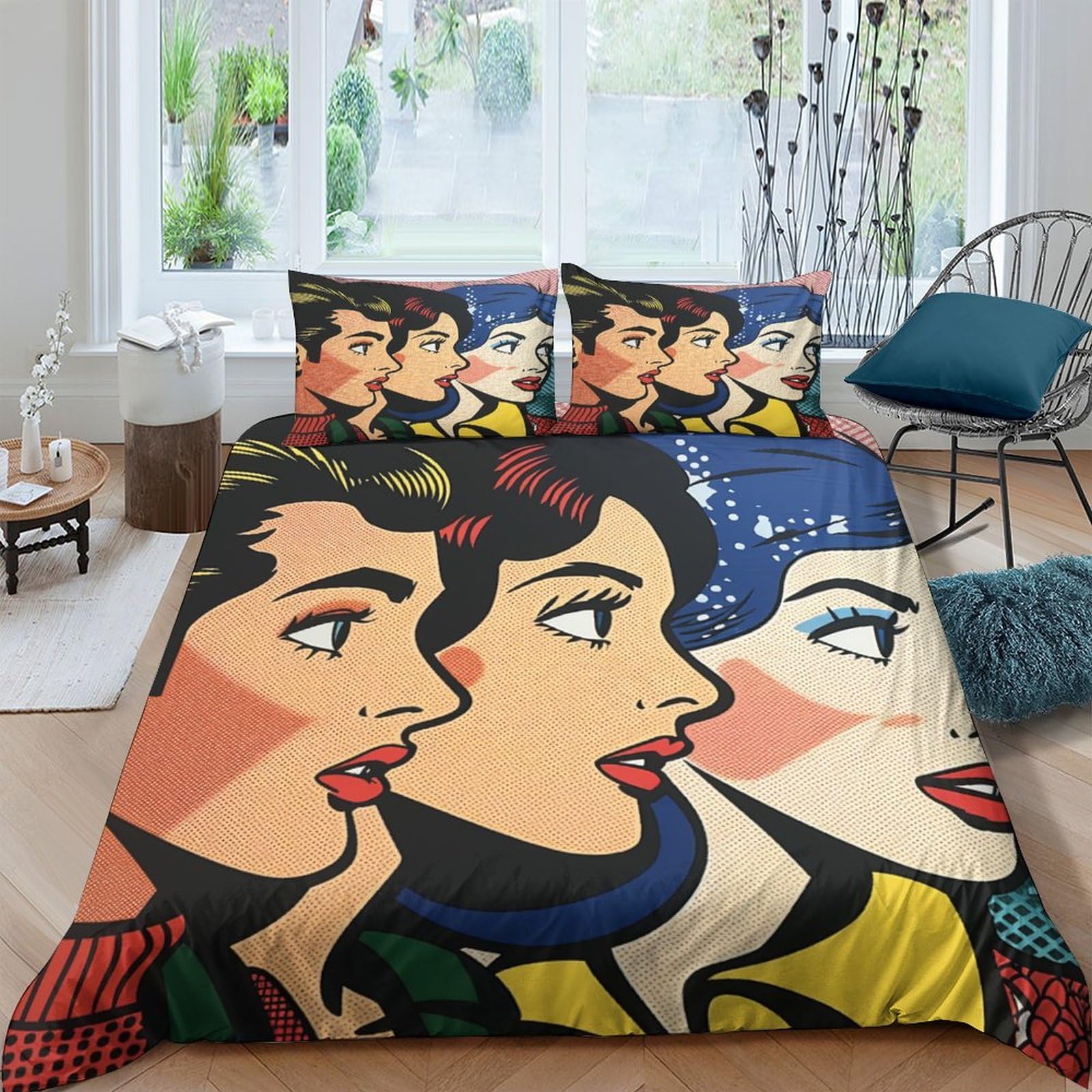 Set Copripiumino Coppia Pop Art 3D Stampato 3 Pezzi Microfibra Decorazione Camera da Letto Set Biancheria Letto Moderno per Giovani Adulti Regalo King（220x240cm）