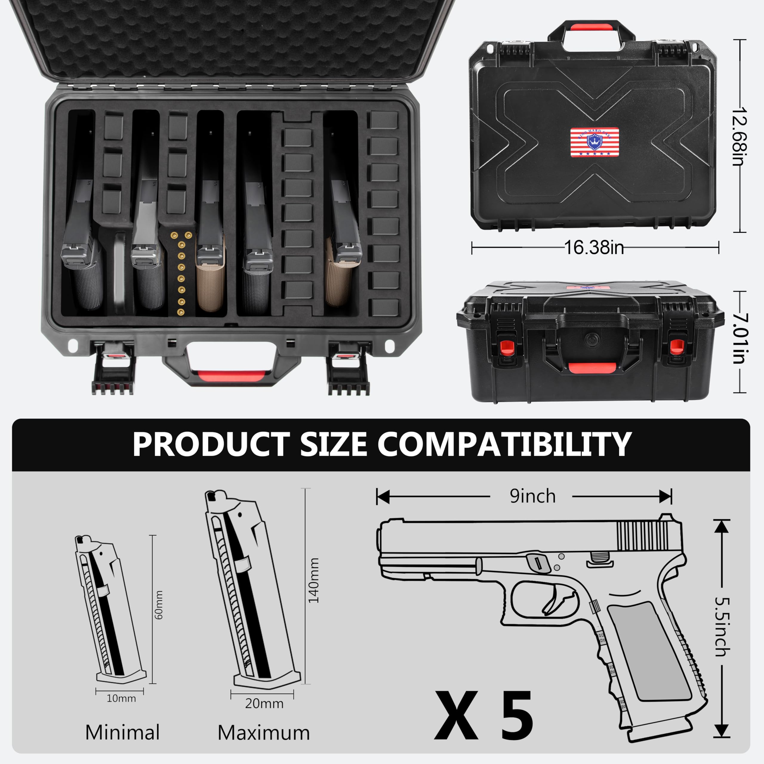 Kinghardcase Hartpistolentaschen - Wasserdicht, Kompatibel mit 5 Pistolen & 12 Magazinen - Robuste Waffentasche für Sammler & Enthusiasten.
