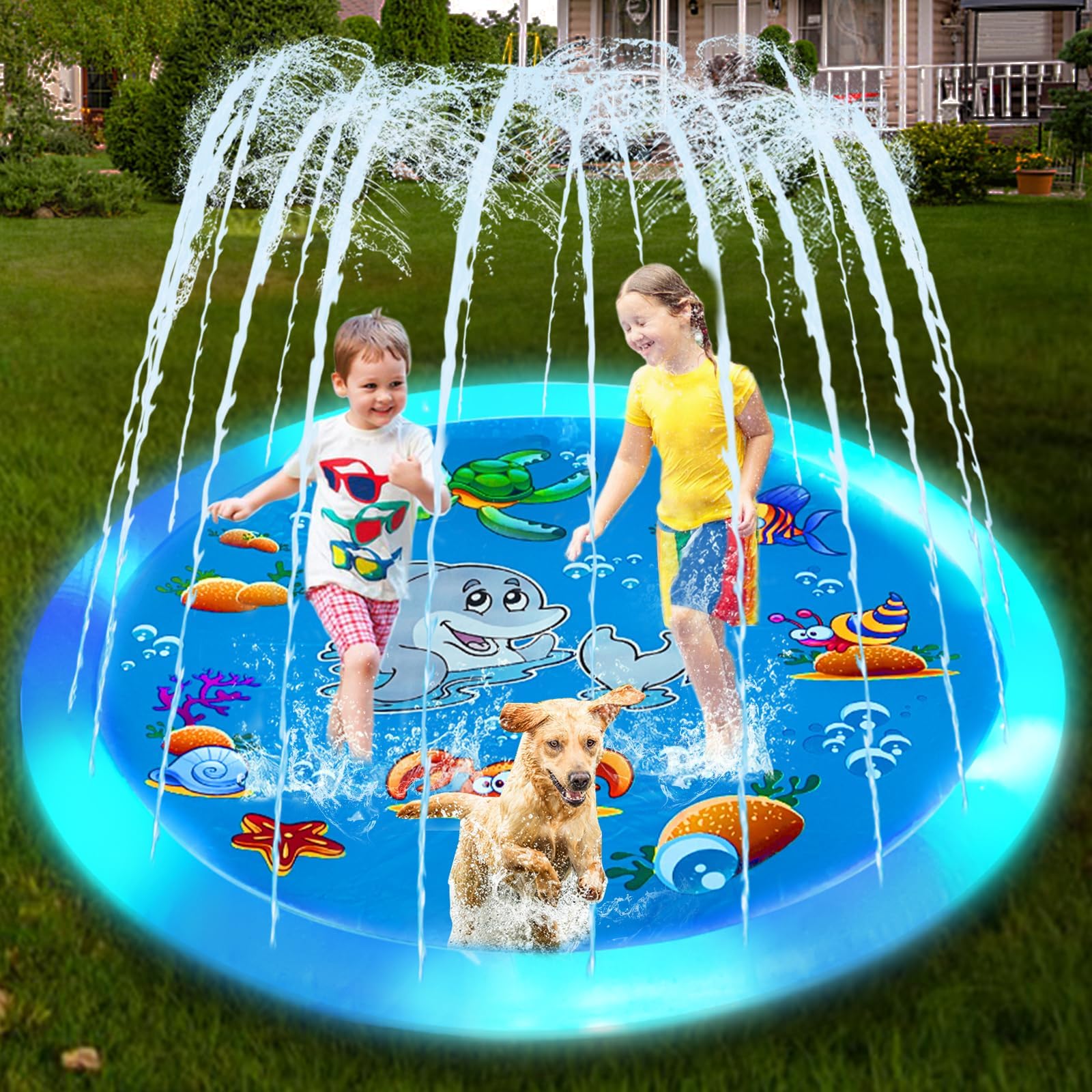 iGeeKidGlowing Splashes Pad for Kids Dogs, 59" Large Inflatable Water Sprinkler Play Mat with 2 Light Modes Kids Toddler Pets Sprinkler Pool Splashes Pad for Backyard Summer Outdoor Water Toys