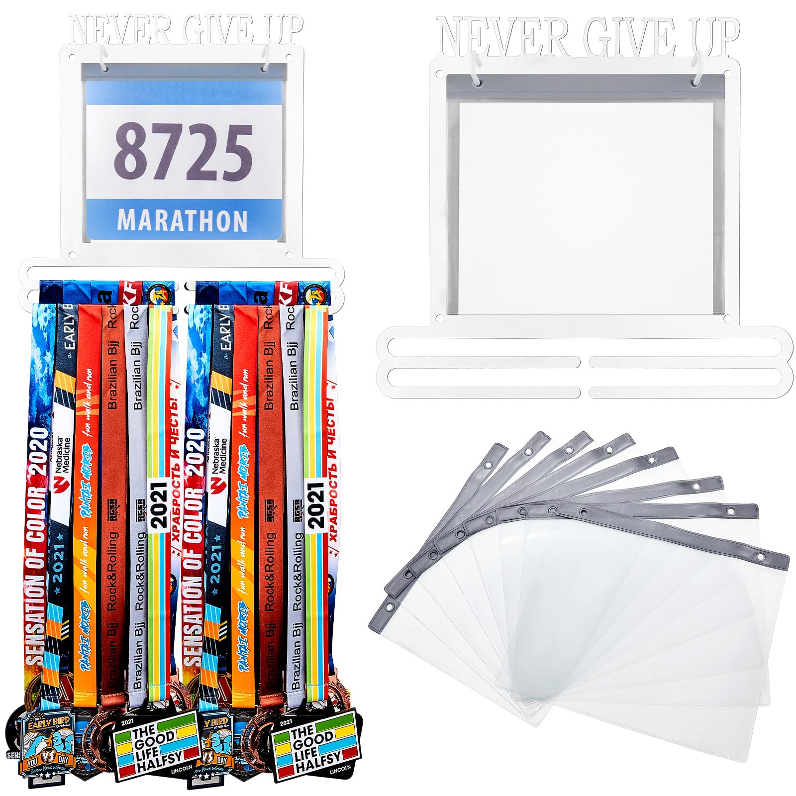 Moxweyeni Soporte para medallas de carreras y babero, soporte para medallas para colgar en la pared, soporte para medallas con soporte para babero, regalos para corredores (blanco)