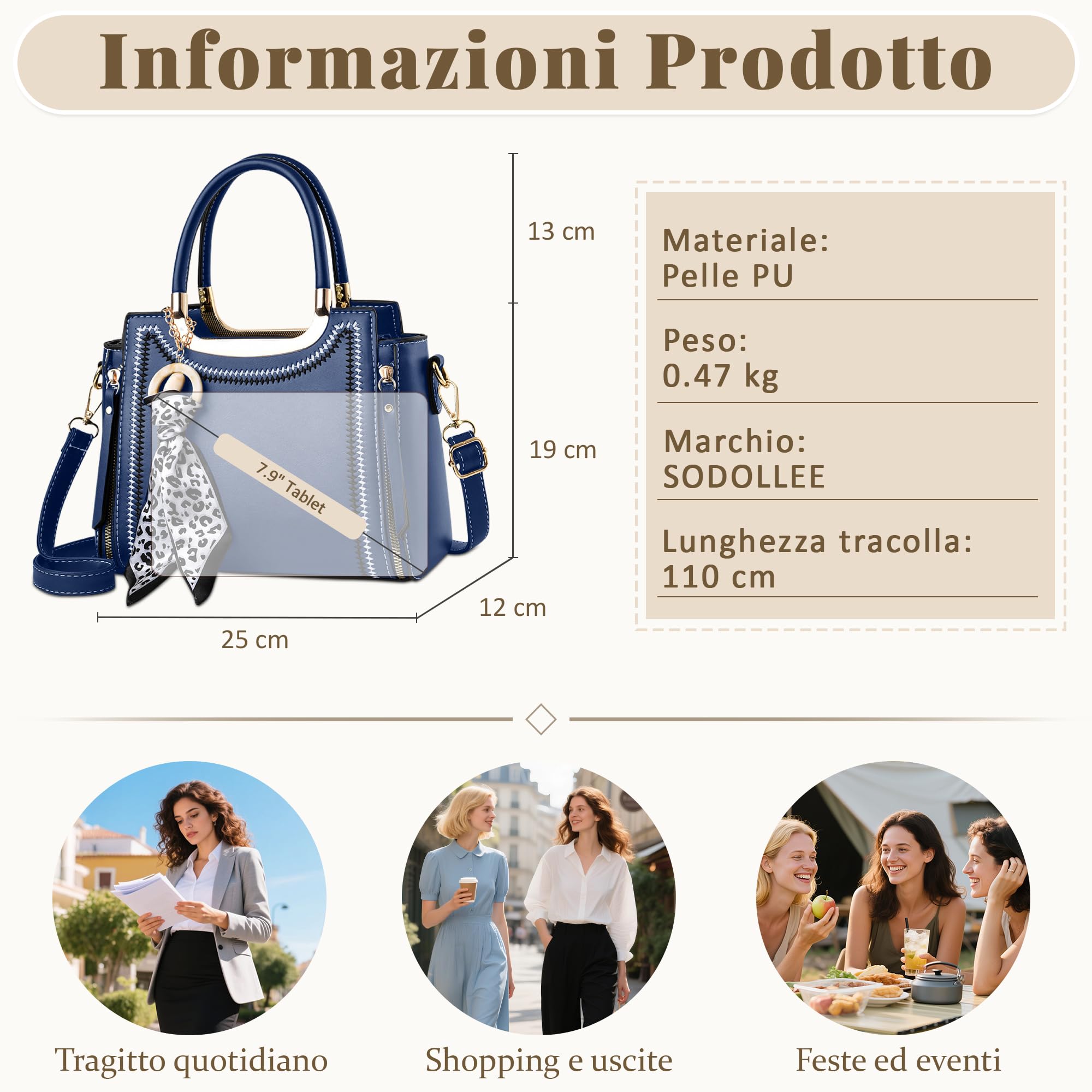 Borsa Donna Borsa a Mano Elegante Borsetta Borsa a Tracolla Pelle PU Borsa a Spalla con Sciarpa di Seta Ciondolo