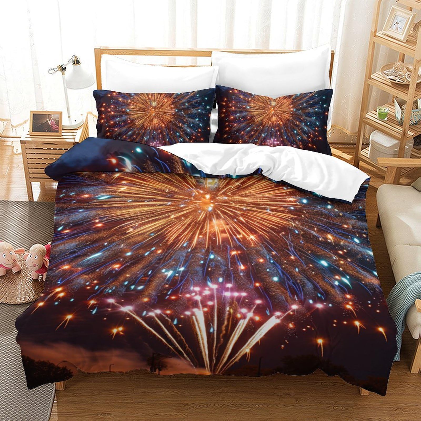 Parure de lit 140x200 cm en microfibre douce motif feux d'artifice avec 2 taies d'oreiller