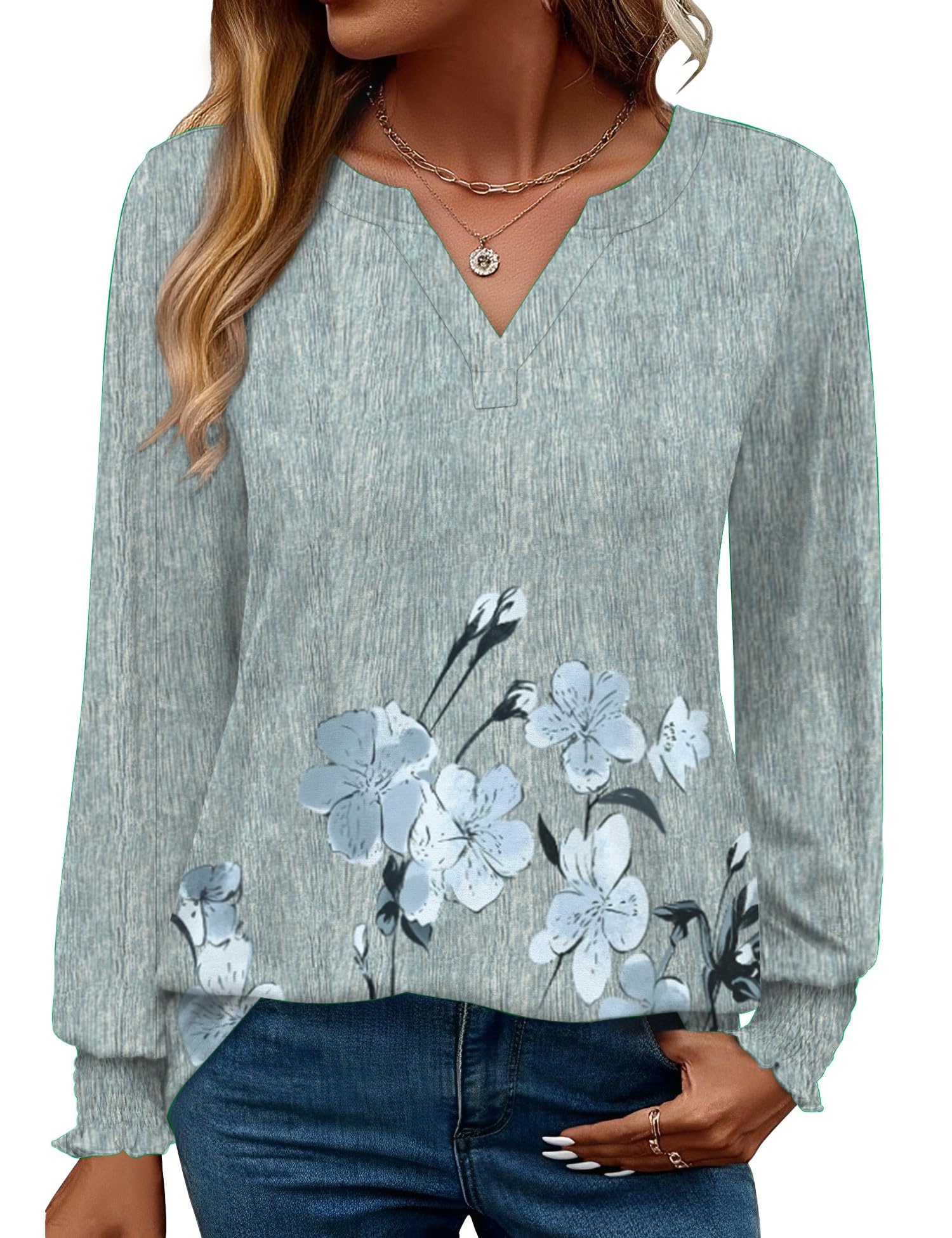 Rapbin Damen Bluse Langarm Tops Elegant Locker V-Ausschnitt Oberteile Shirt Casual Herbst Tunika