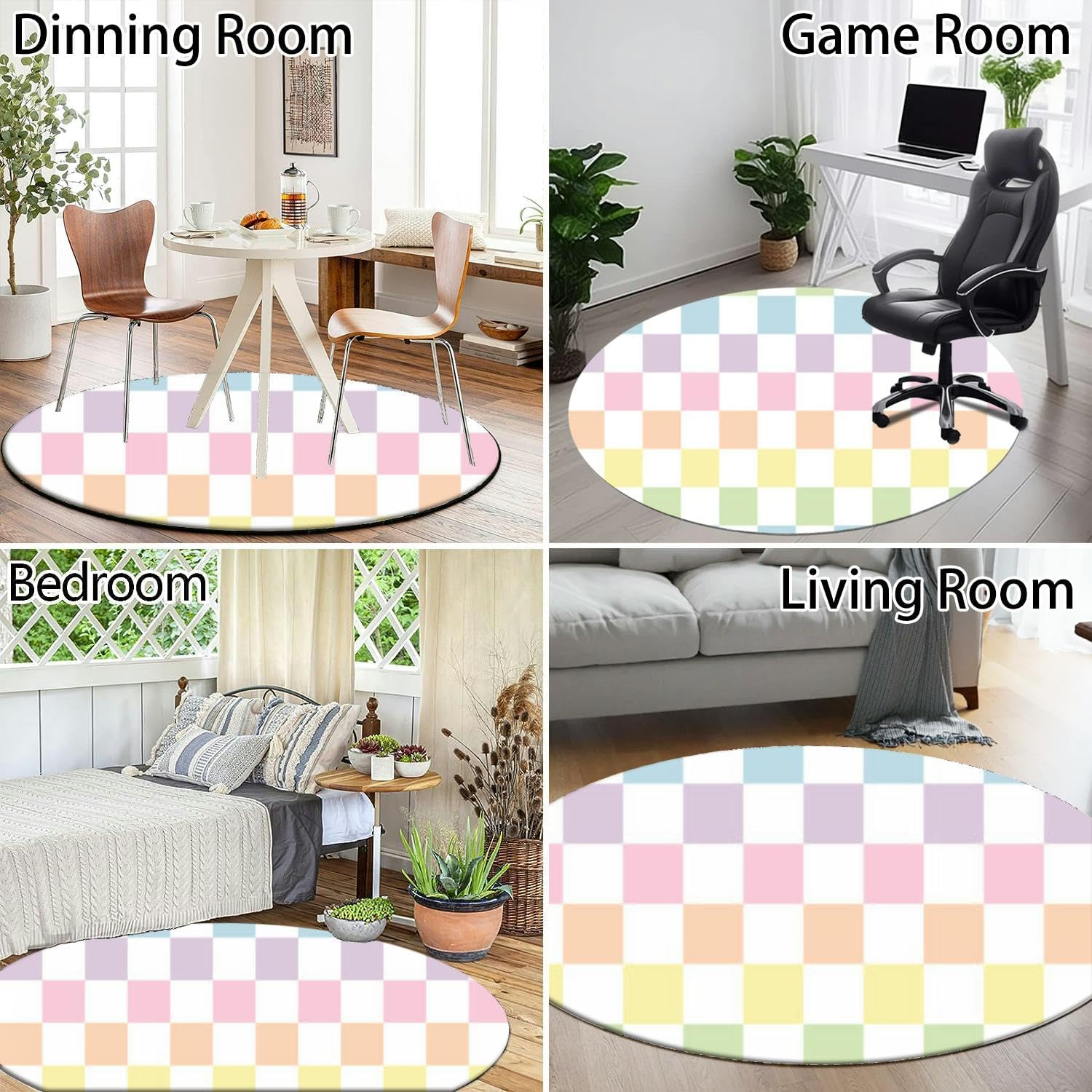 Round Rug 4ft Circle Area Rug Pastel Checker Rainbow Color png Transparent Carpet Washable Small Round Rugs for Bedroom Aesthetic Bathroom Laundry Living Room Kitchen Outdoor, RT-666