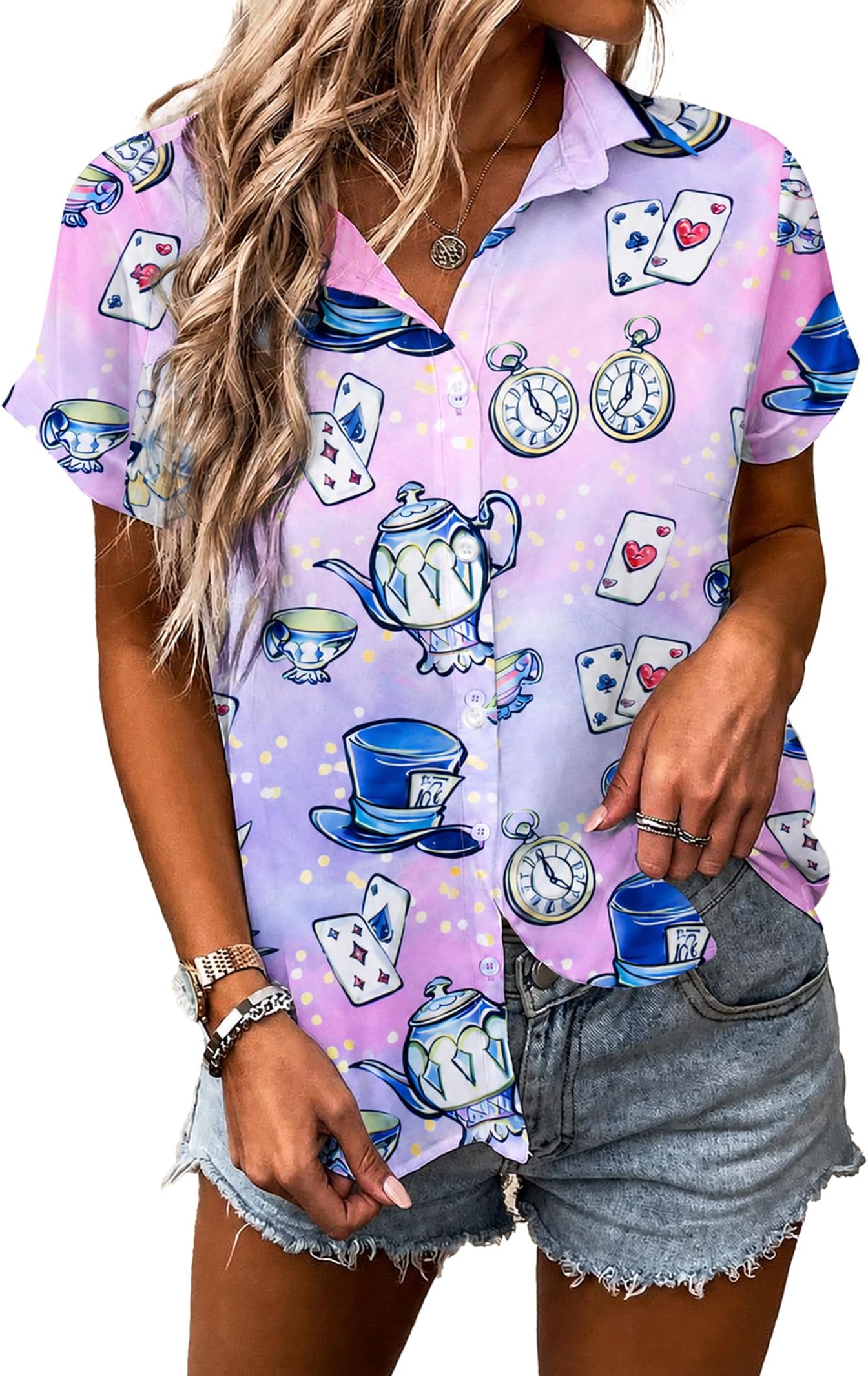 Princess Magical Shirt for Women Mad Tea Party Shirts Magic Hawaiian T-Shirt Fairy Tale Vacation Button up Tops