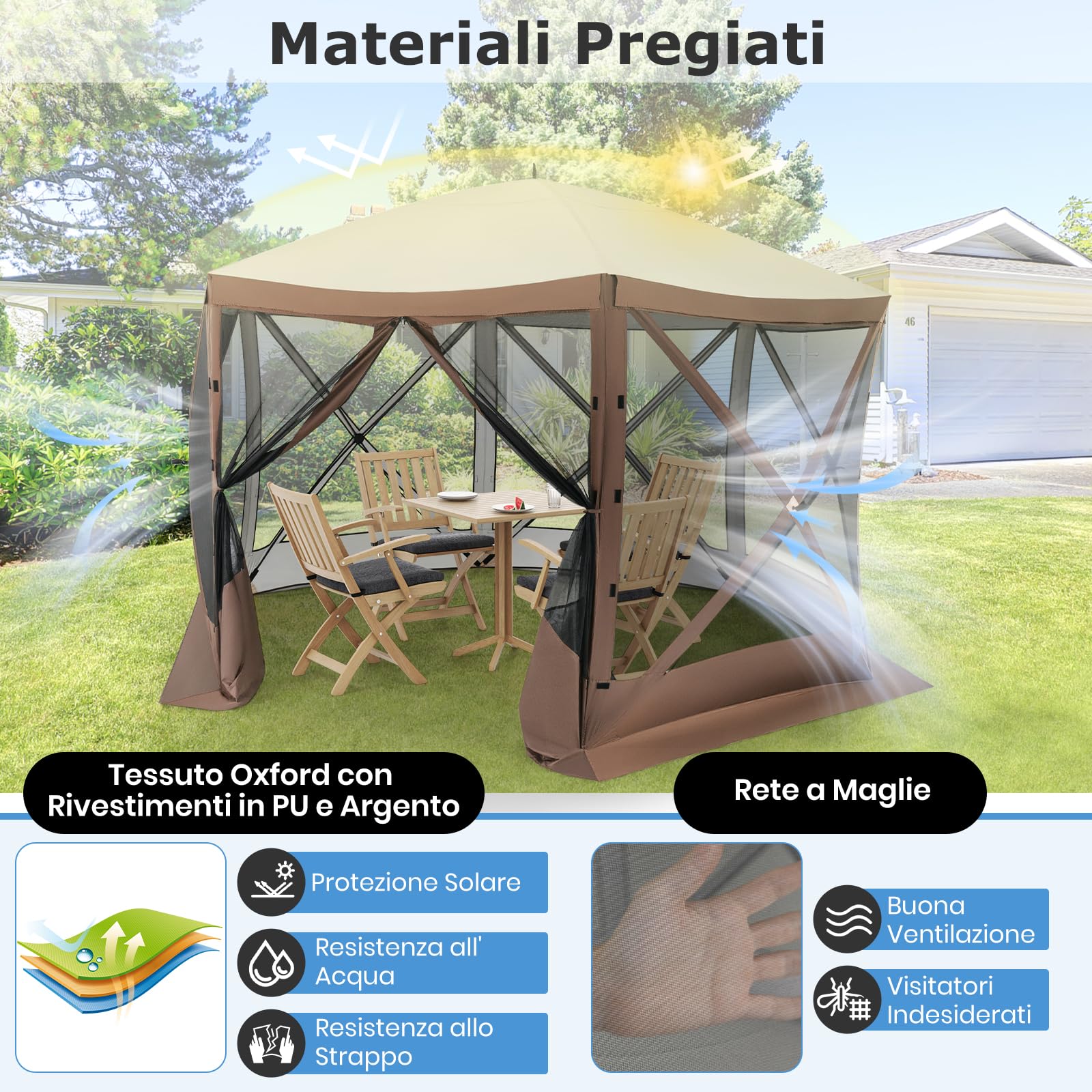GYMAX Tenda da Campeggio per 6-8 Persone, Riparo Pop-up a 6 Lati con 2 Pannelli Frangisole Rimovibili, Tenda da Giardino Impermeabile e Antivento per Spiaggia e Giardino, 350 x 350 cm, Caffè
