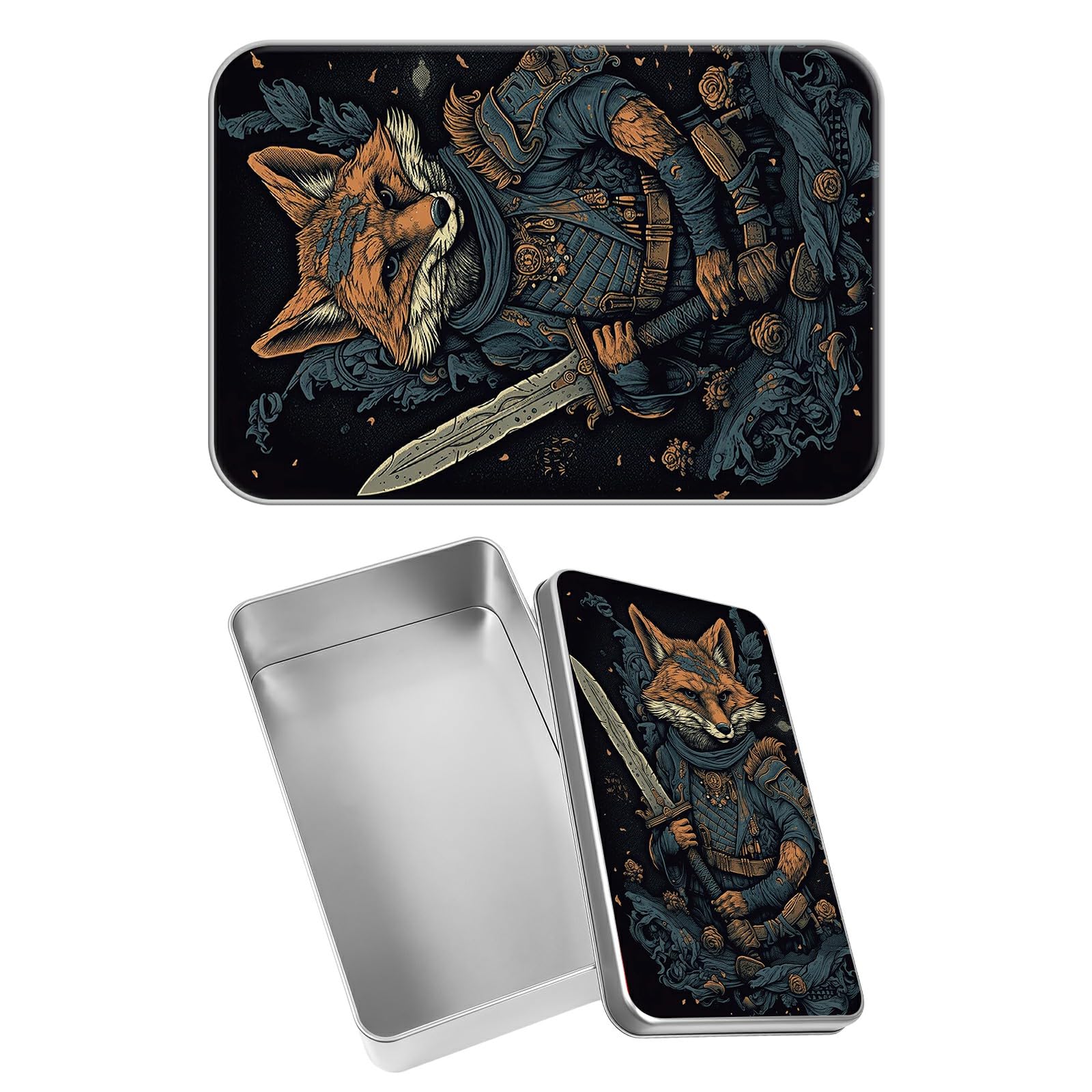 Rectangular Metal Tin Box with Removable Lid, Fox Samurai Decorative Printed Metal Storage Container for Jewelry Pen Eraser Pill Candy Craft 4.9 x 3.54 x 1.57 inch– Single Pack