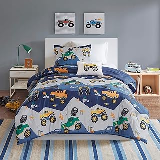 MISC 3 Piece Blue Monster Truck Comforter Twin Set Monster Jam Bedding Pick Up Vehicle Mountain Hill Pylon Themed Pattern Green, Microfiber