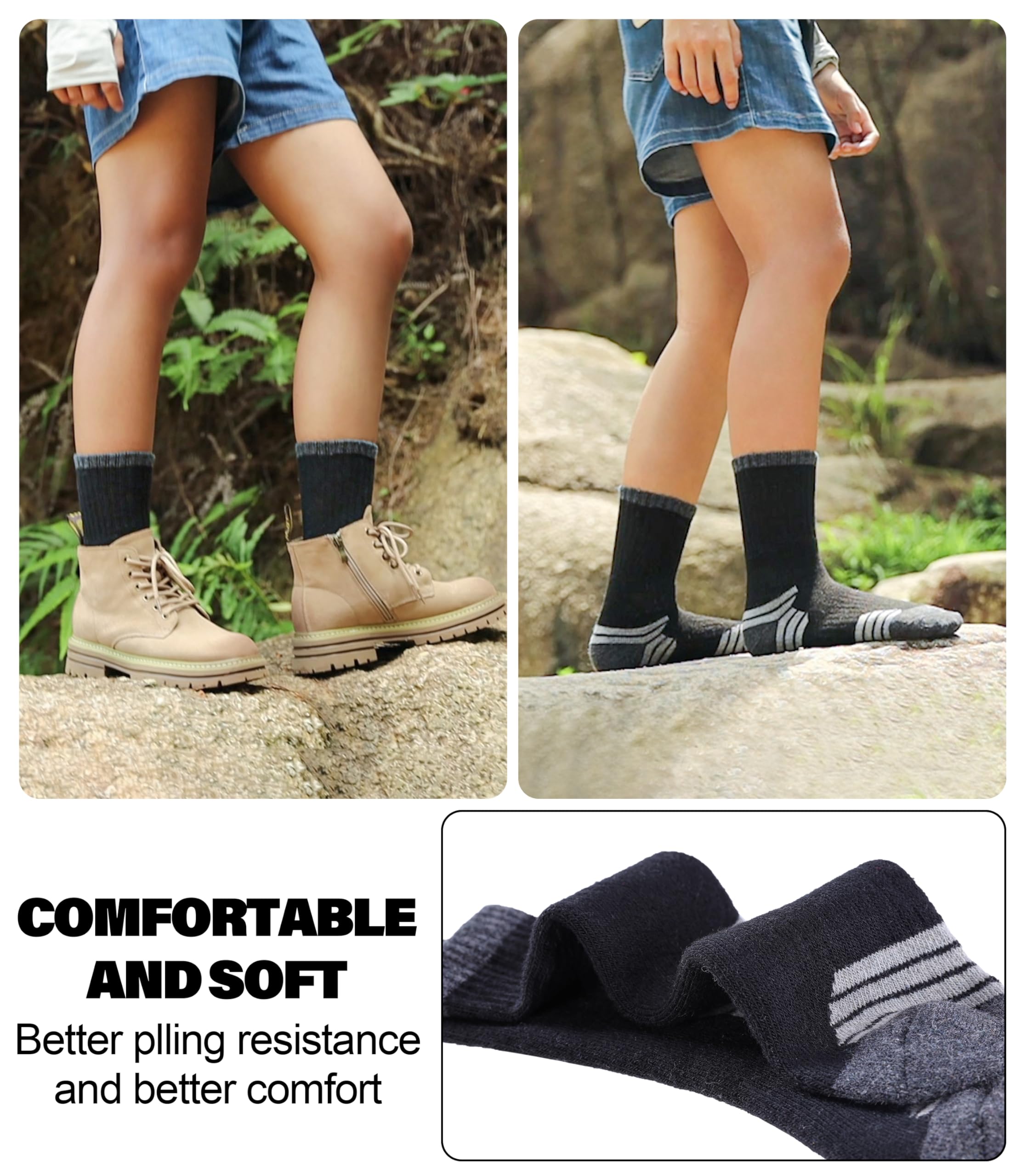 SDBING Lot de 6 paires de chaussettes de randonnée en laine mérinos pour enfants, garçons et filles, avec coussin épais et chaud