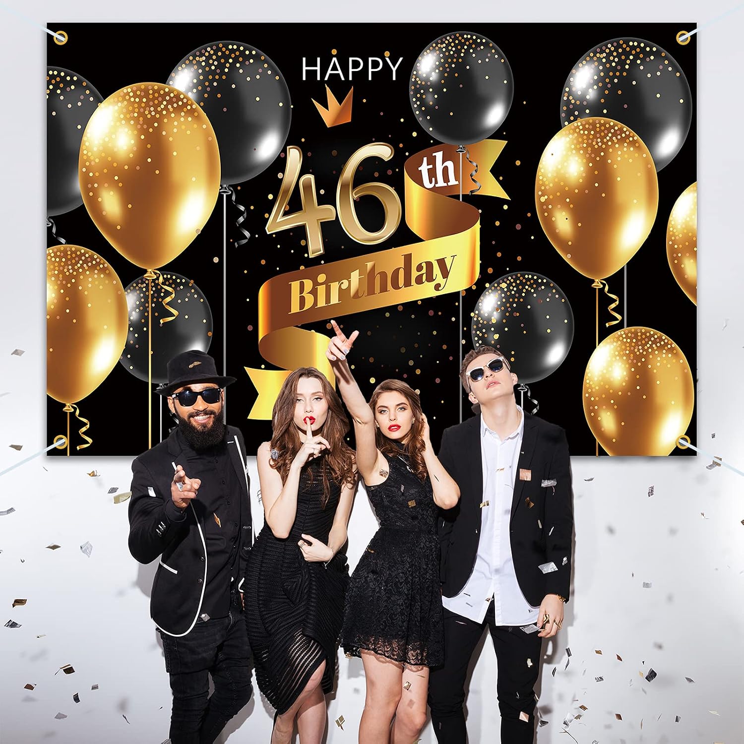 Happy 46th Birthday Backdrop Banner - 46 Birthday Party Decorations Supplies for Men - Black Gold 3.9 x 5.9ft image 5