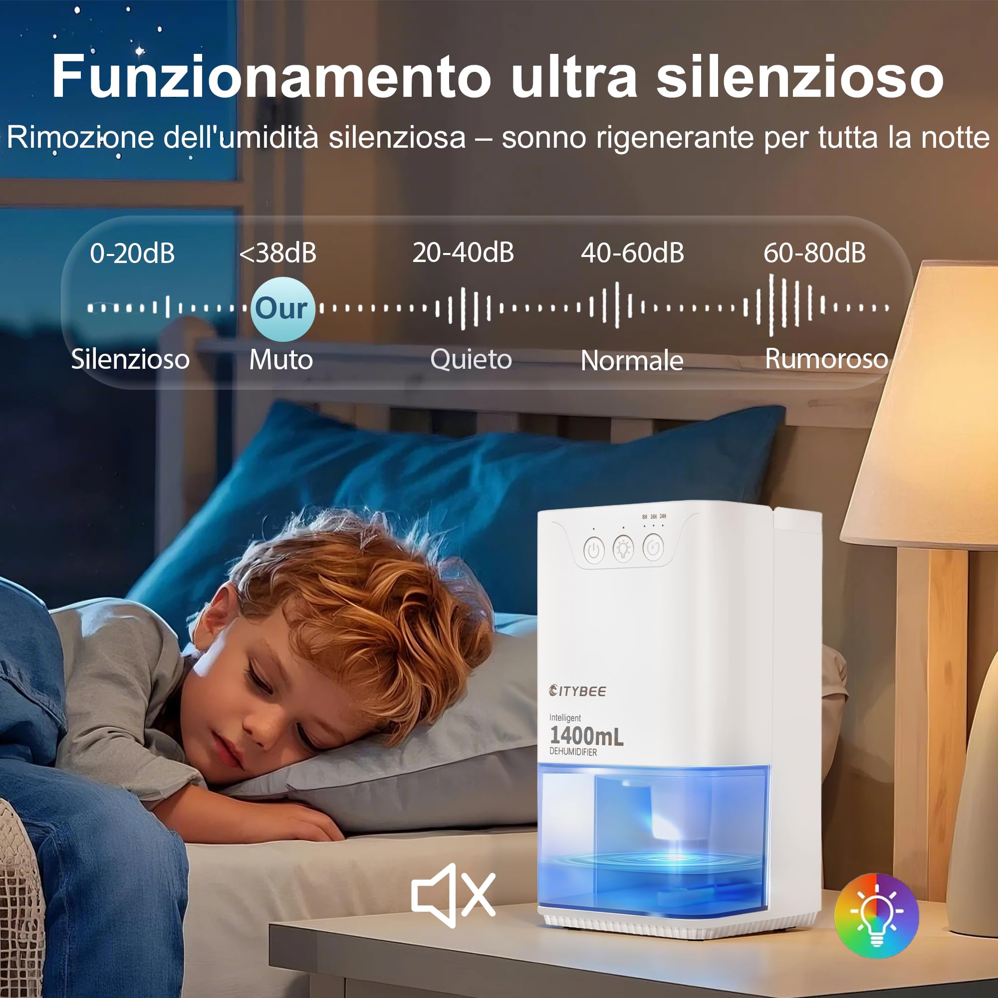 CITYBEE Deumidificatore elettrico, 1400 ml, deumidificatore silenzioso per casa, camera da letto e cantina, deumidificatore con timer e illuminazione d'atmosfera (bianco)