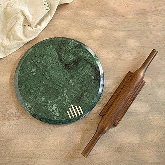 Ellementry Verde Marble Chakla Wooden Belan with Stand for Kitchen Use, Traditional Roti Maker with Wooden Rolling Pin, Chapati Board and Belan Combo, Kitchen Utensils for Roti, Poori & Chapathi