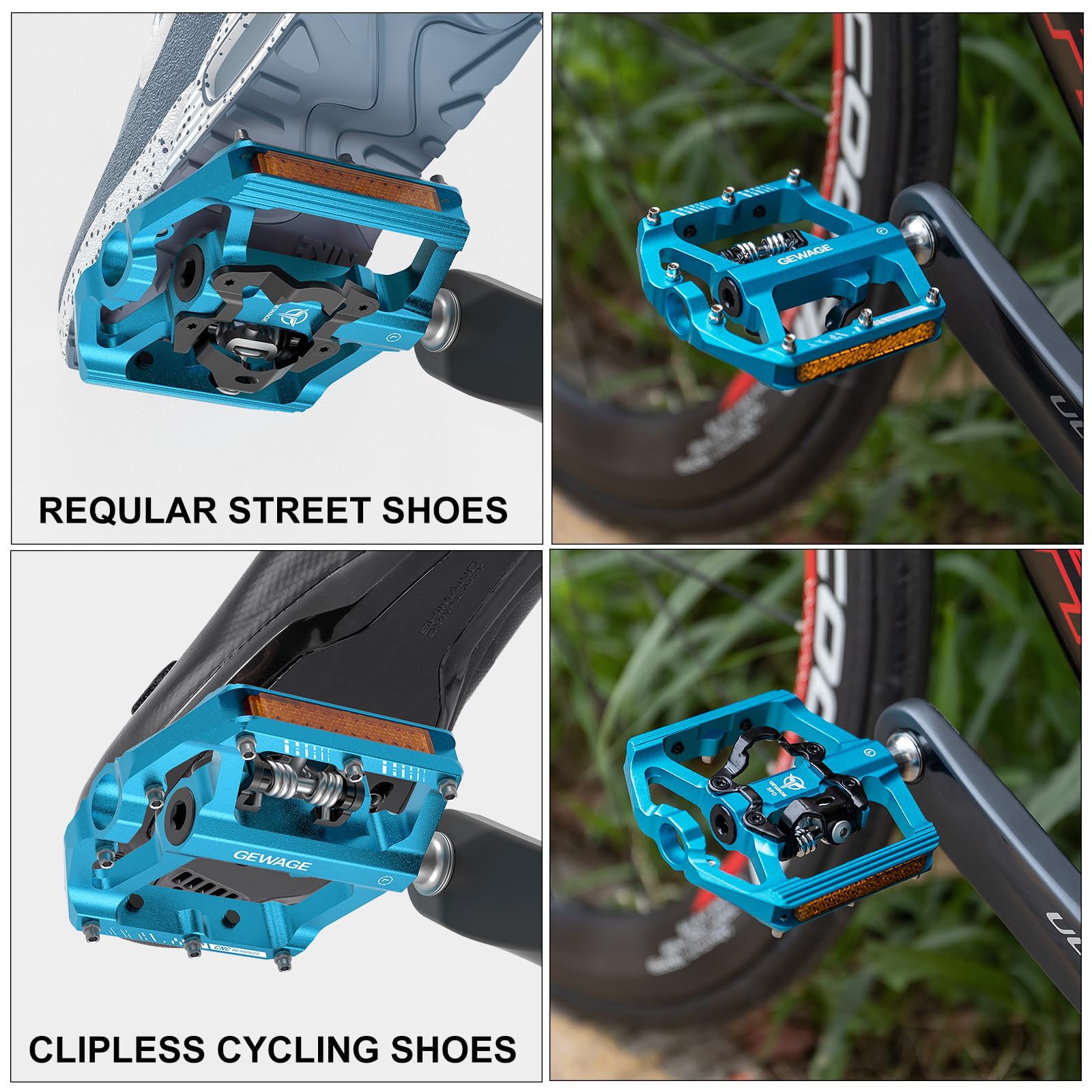 Pedales de Bicicleta de montaña con Reflector, Placa de Doble función y Pedales sin Clip, Pedal de Bicicleta de 9/16 Pulgadas, Compatible con SPD, 3 rodamientos sellados, Pedales de montaña de
