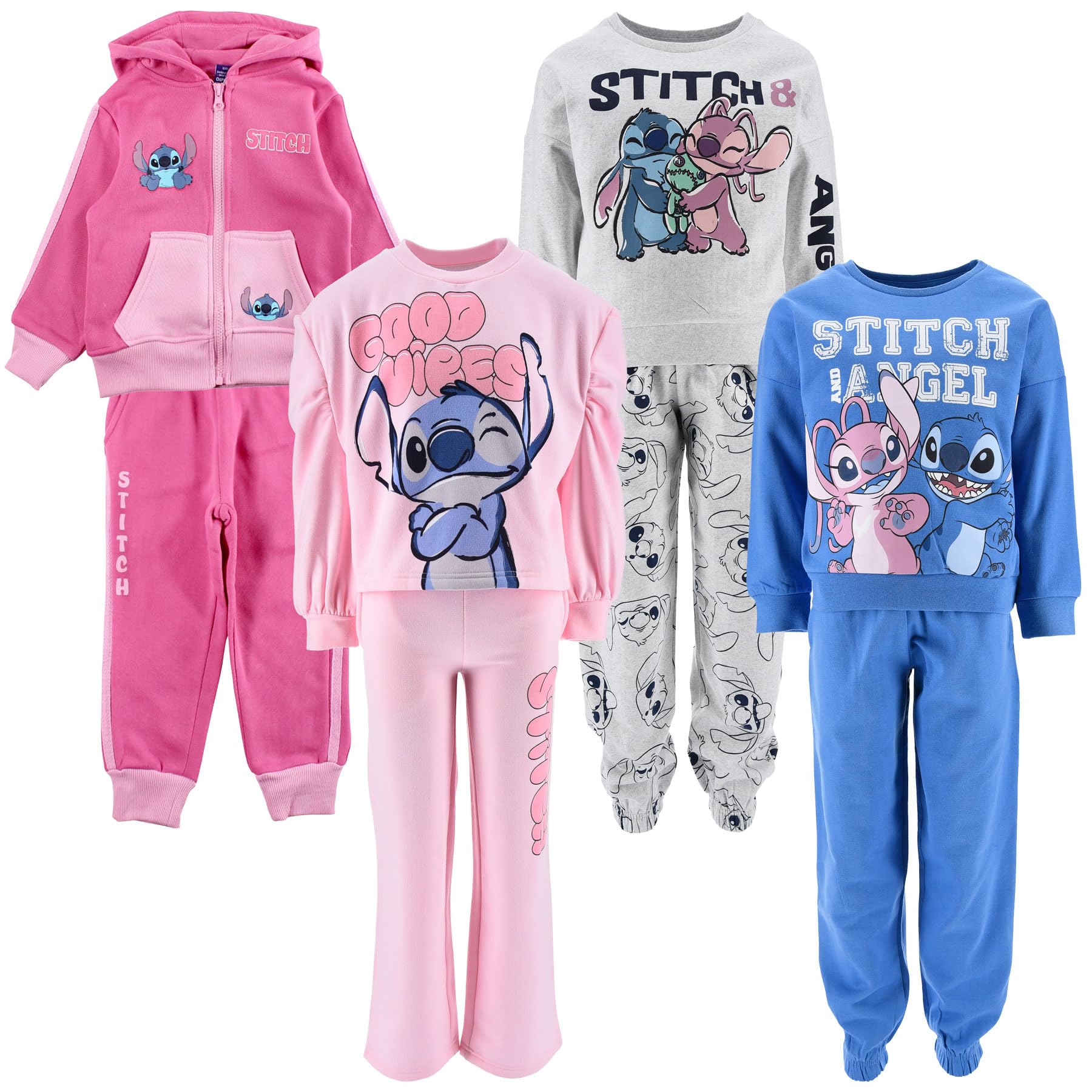 Disney Stitch – Tuta Bambina in Cotone o Viscosa | Completo Casual con Felpa Girocollo e Pantaloni Morbidi | 3 Modelli Colorati – Comfort e Stile per il Tempo Libero