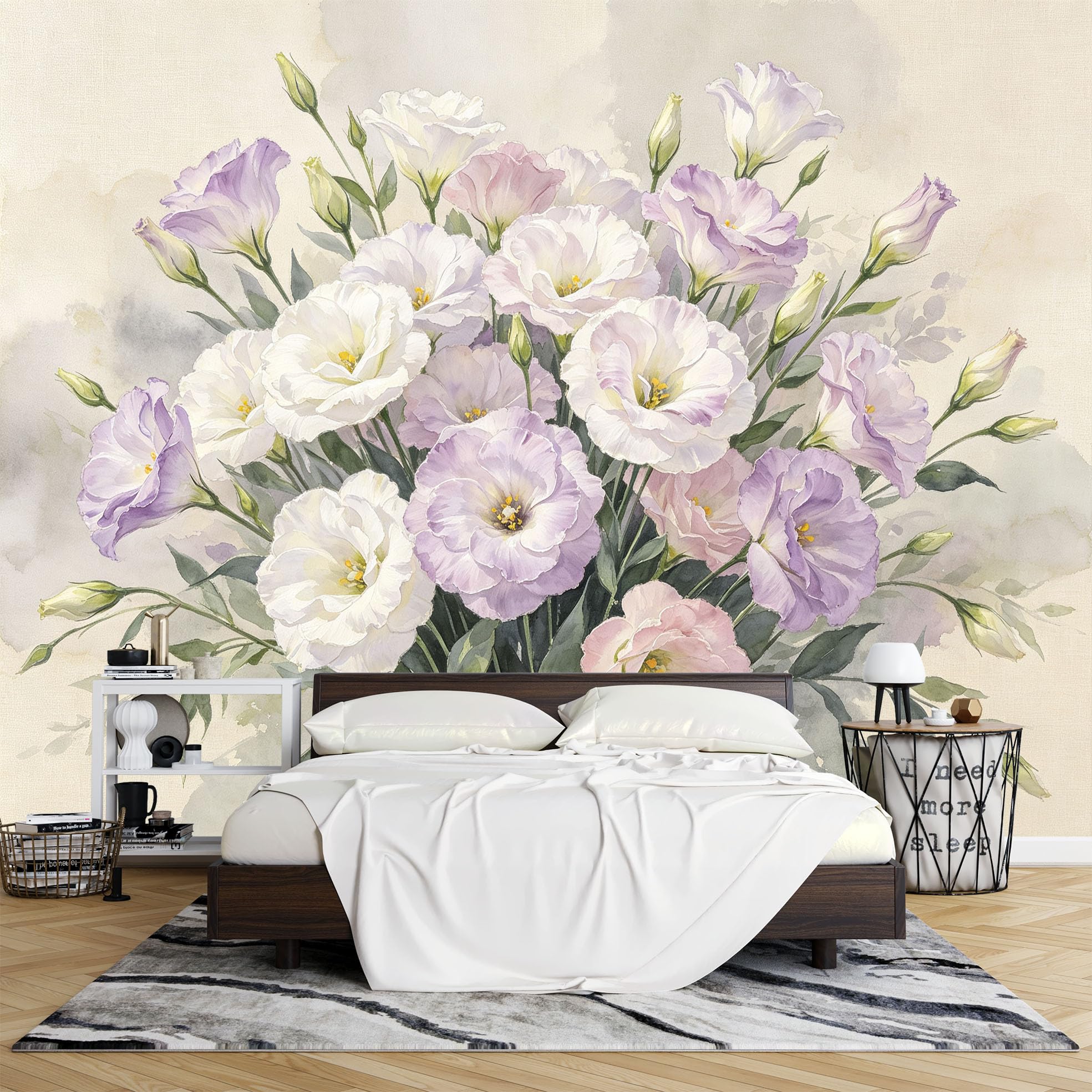 Papier Peint Photo Mural Floral Aquarelle Eustoma Intissé 500 x 280 cm Motif Floral Décoration Fresque Murale Moderne pour Salon Chambre et Intérieur.