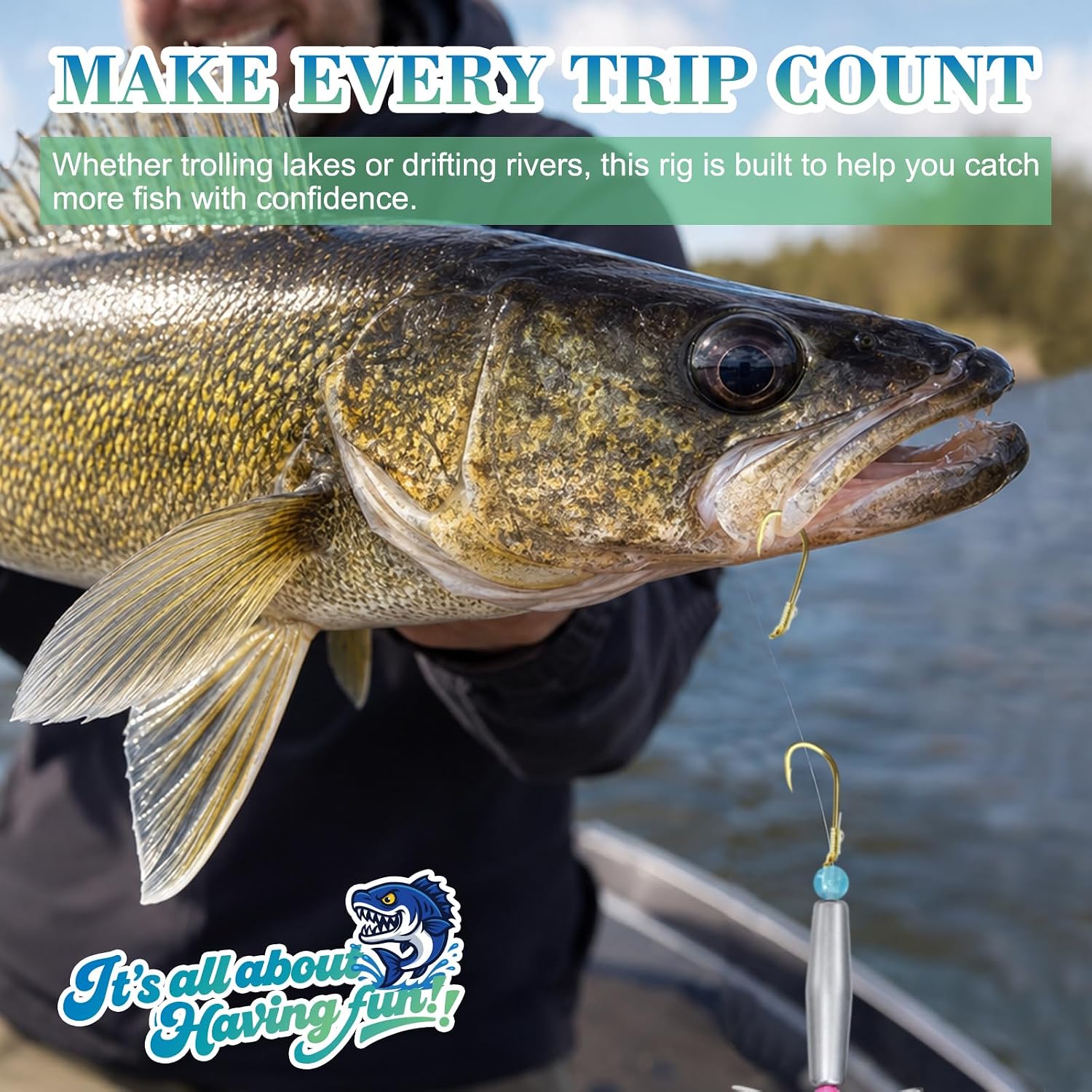 7 Pack Crawler Harness Walleye Rigs with Dual-Wing Blade, 41.5LB 39.4in Float Walleye Spinner Rig, 2-Hook Pre-Tied Worm Harness for Slow Trolling, Bass Trout Fishing
