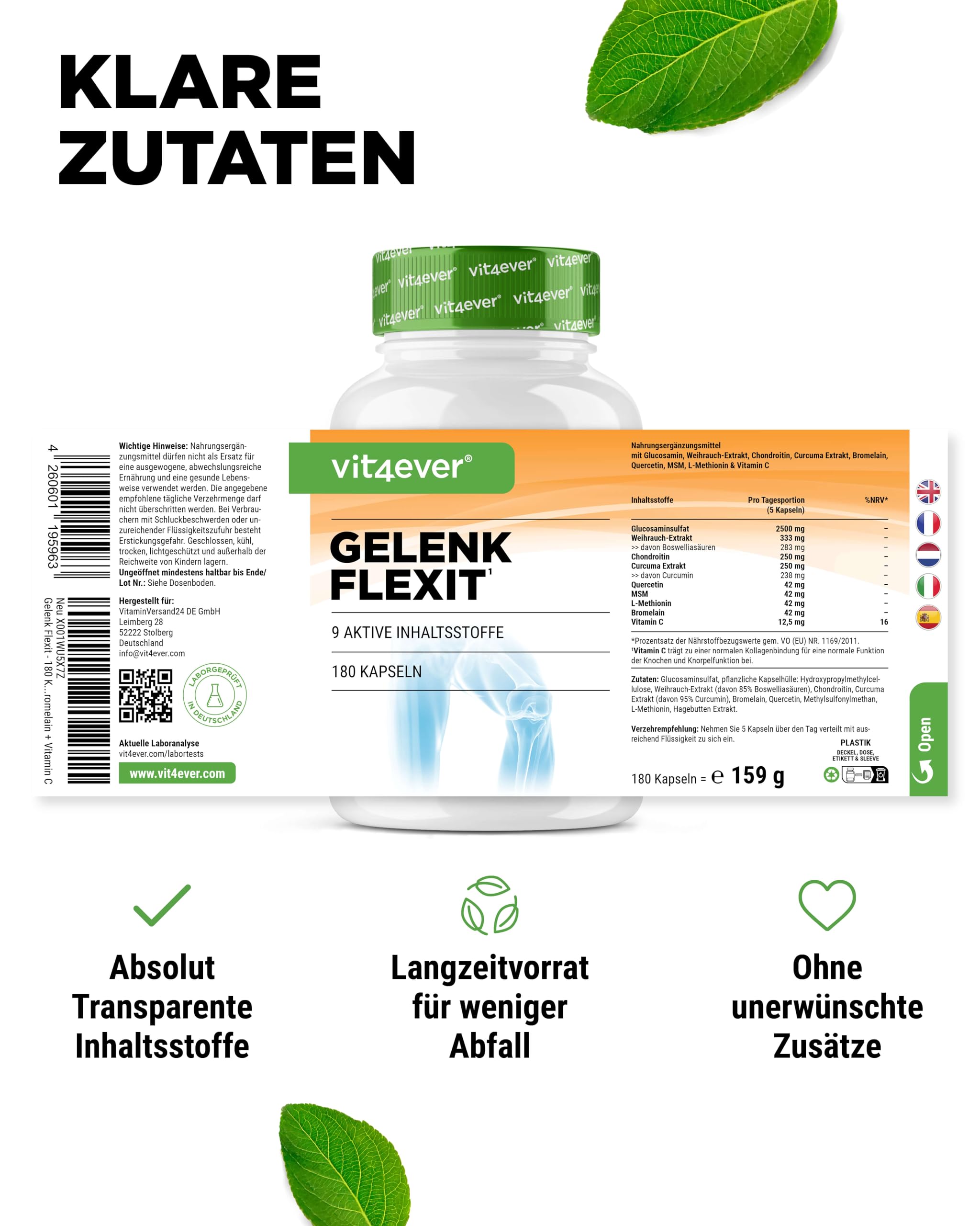 Joint Flexit - 180 Capsule - Con Glucosamina + MSM + Estratto di incenso + Condroitina + Curcuma + Quercetina + L-Metionina + Bromelina + Vitamina C
