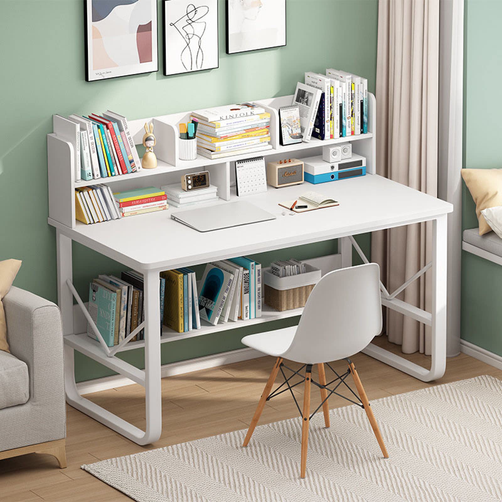 Scrivania moderna e semplice per computer con ripiani portaoggetti, postazione di lavoro per casa, ufficio, scrittura, studio, postazione desktop per PC per spazio di lavoro efficiente nization