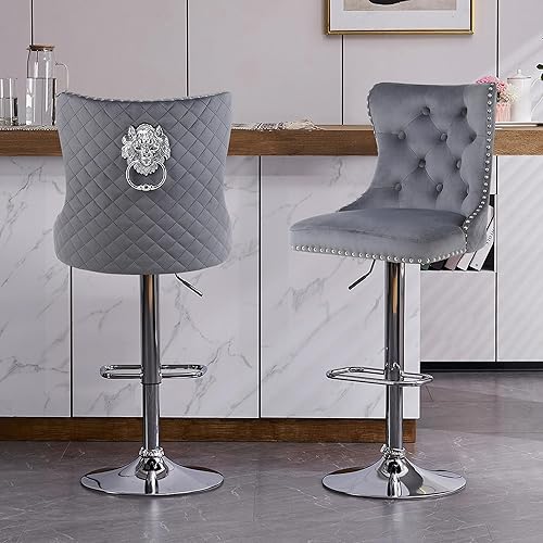 Juego de 2 taburetes de bar modernos con respaldo copetudo con tirador de anillo, taburetes altos giratorios ajustables de terciopelo con base