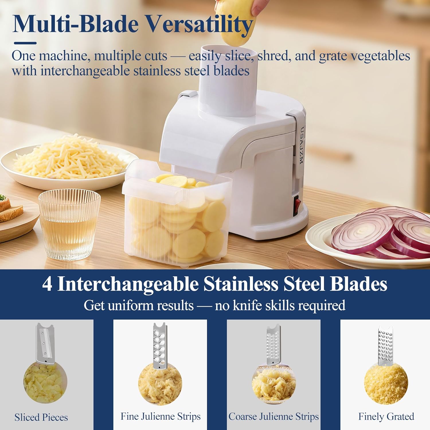 Electric Vegetable Chopper, 4-in-1 Automatic Slicer Grater Shredder One-Touch Control Easy to Clean for Cheese Potato Commercial & Home Kitchen Restaurant Hotel School