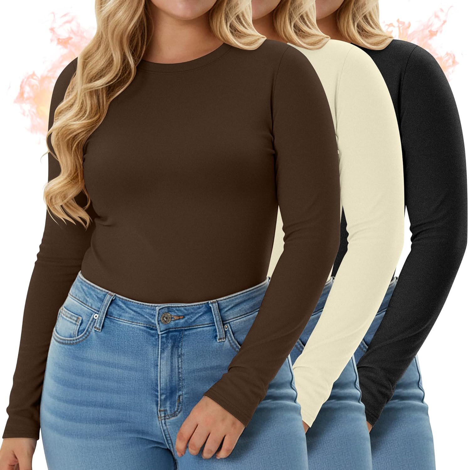 Evervibe 3 Pack Women's Plus Size Thermal Long Sleeve Shirts Slim Fit Fleece Lined Crew Neck Undershirt Tops Cold Weather