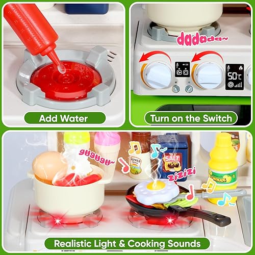 Miniatura 5 de Juego de cocina para niños, cocina de juego de 36.22 pulgadas para niños pequeños de 1 a 3 años con vapor, sonido y luz, estufa de cocina,