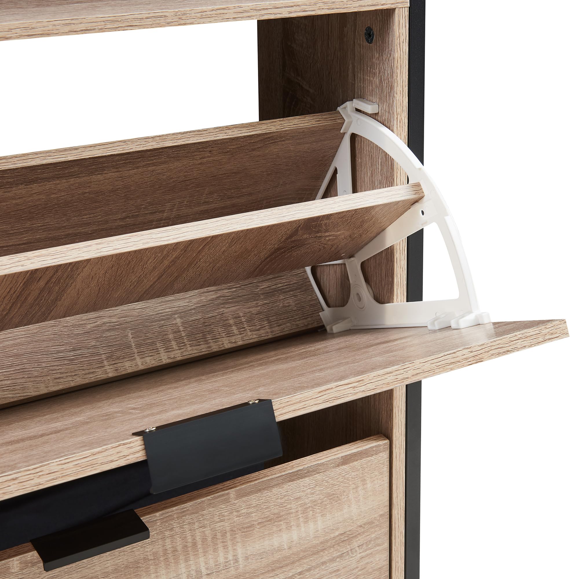 [en.casa] Zapatero Belana Mueble Recibidor con 2 Puertas Abatibles 1 Compartimento Abierto y Estante Superior con Borde para 8-12 Pares de Calzado 116 x 60 x 24 cm - Negro/Efecto Roble