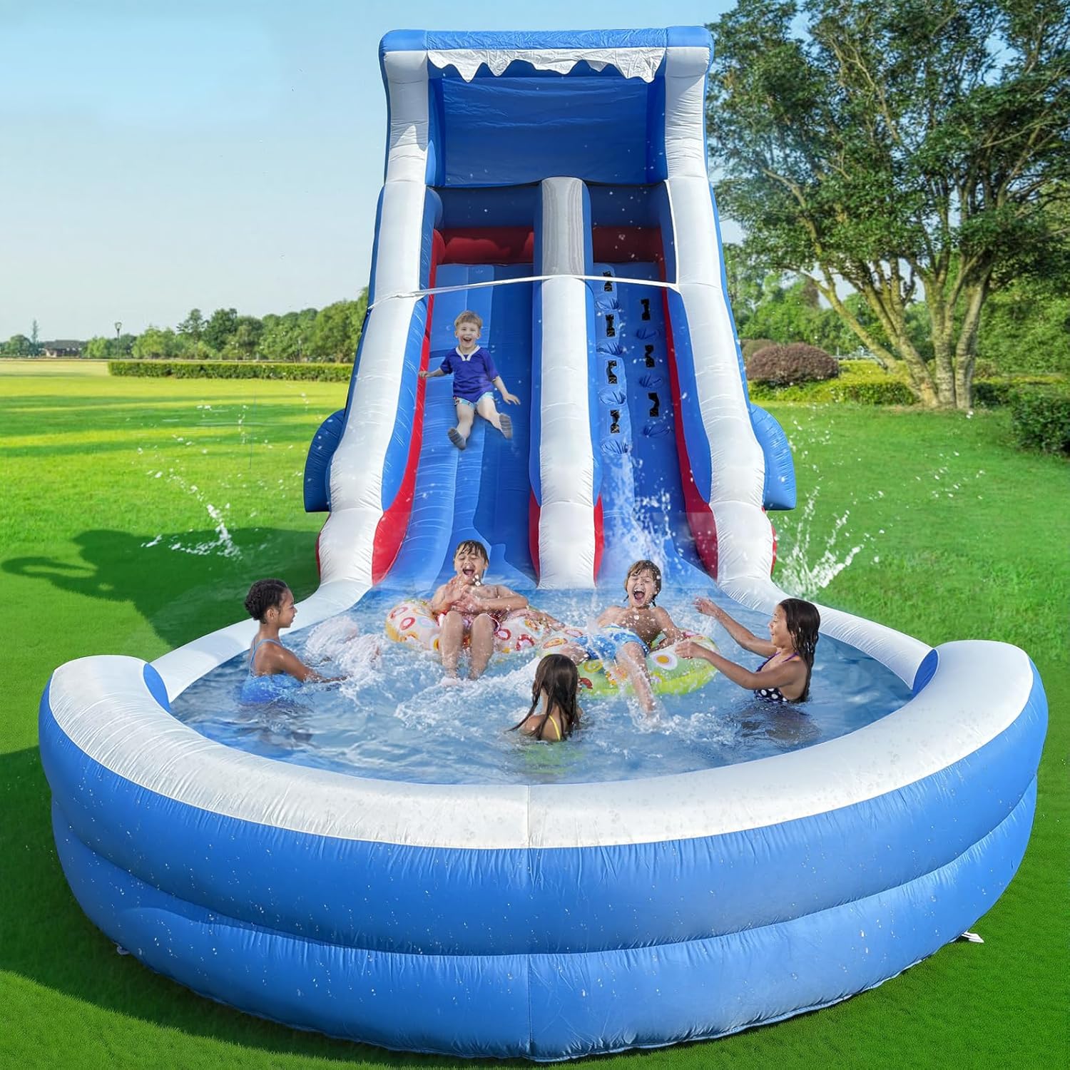 22.5FT Commercial Grade Water Slide for Kids, PVC Inflatable Water Slides with Big Airtight Splash Water Pool, Bounce Slide for Party Fun (Blue+White)