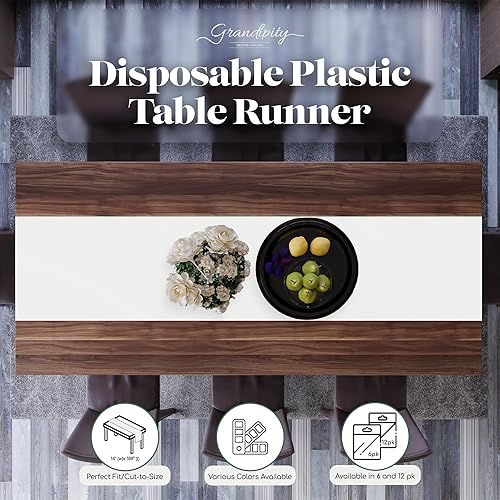 Miniatura 6 de Paquete de 6 caminos de mesa de plástico desechables de alta calidad de 14 x 108 pulgadas, color blanco para cenas y eventos Grandipity