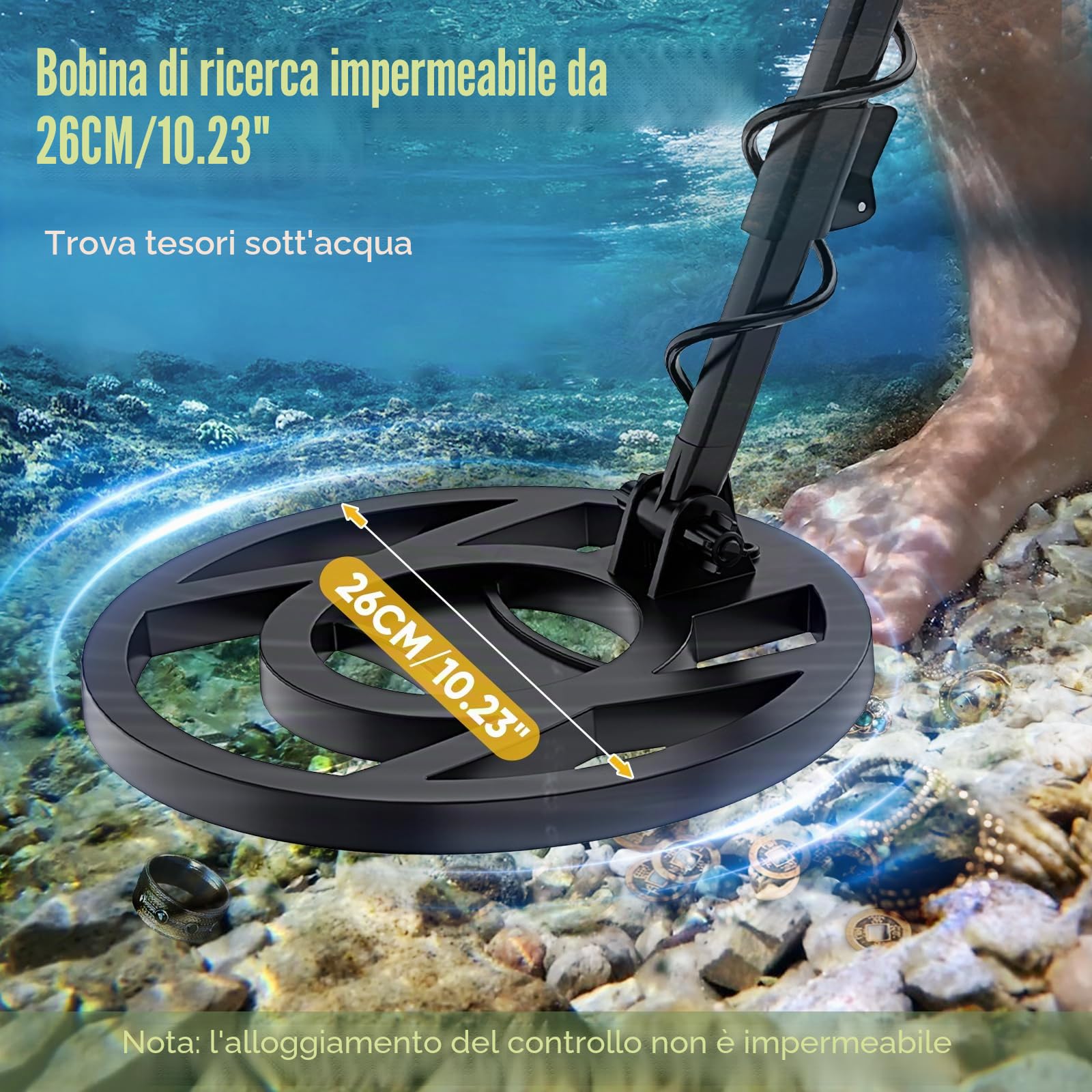 Metal detector, lunghezza regolabile 113 cm-141 cm, 5 modalità, metal detector professionale con display LCD, bobina di ricerca impermeabile IP68 per adulti e bambini