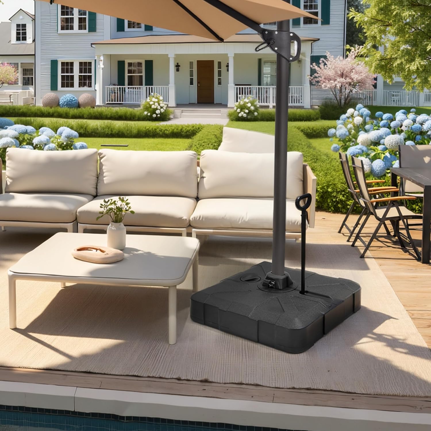Outdoor Cantilever Umbrella Base with Wheels, 350 lbs Offset Patio Umbrella Stand, Water & Sand Filled Umbrella Weighted Base,Black