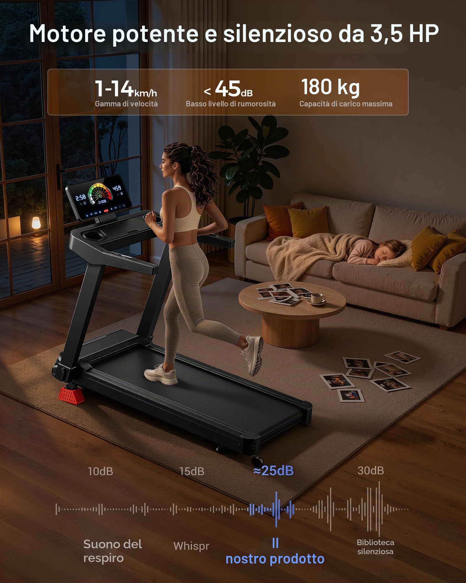 CURSOR - Tapis roulant per casa, con pendenza del 16%, 14 km/h, pieghevole, con cardiofrequenzimetro, motore silenzioso da 3,5 CV, indicatore LED, carico massimo 180 kg, maniglia