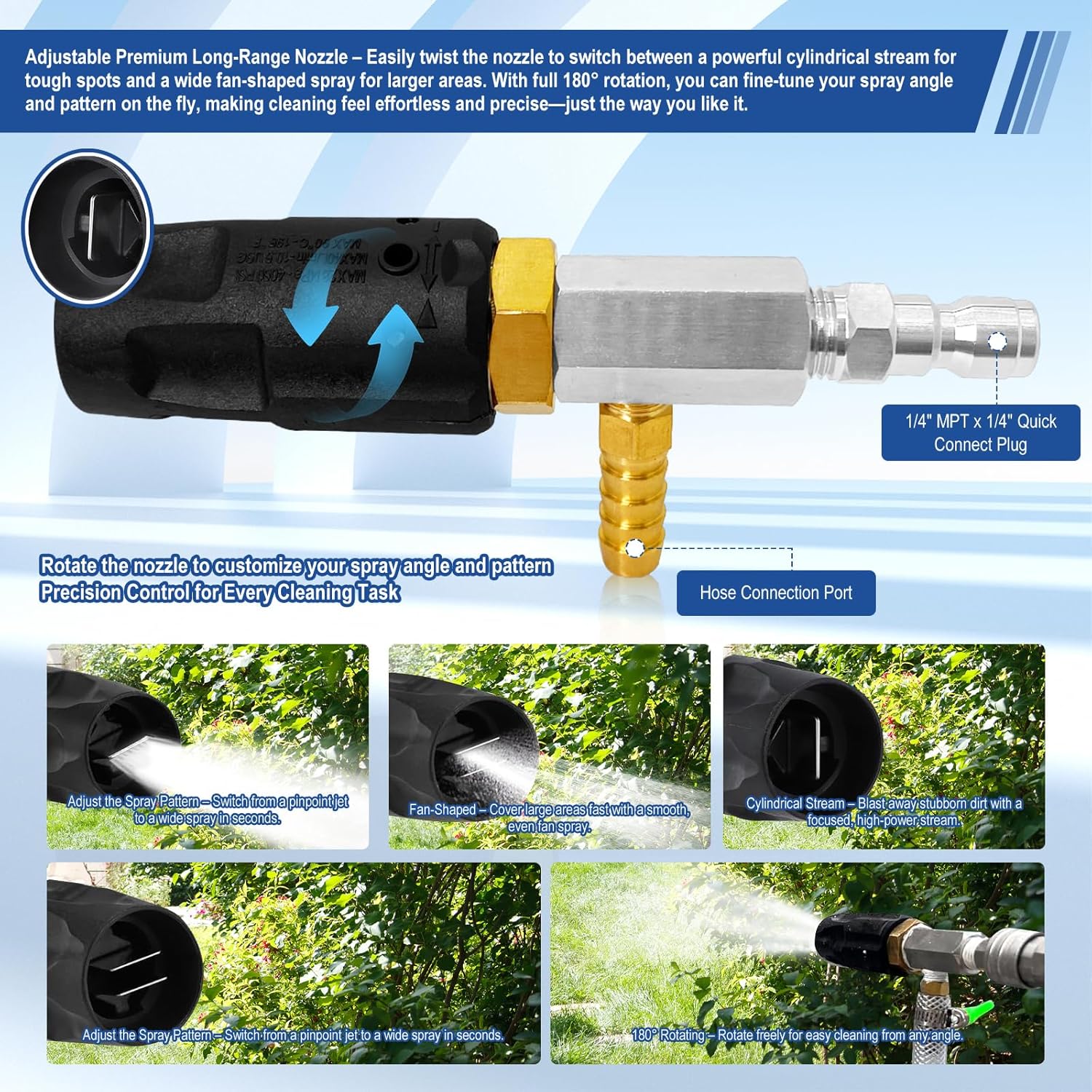 Adjustable Long Range Downstream Injection Nozzle Kit 4-4.5 GPM, Pressure Washer Spray Nozzle, Spray Nozzle Pressure Washer with 1/4" Quick Connect/15FT Hose/Shut-off Valve/Filter.2500 to 4000 PSI.
