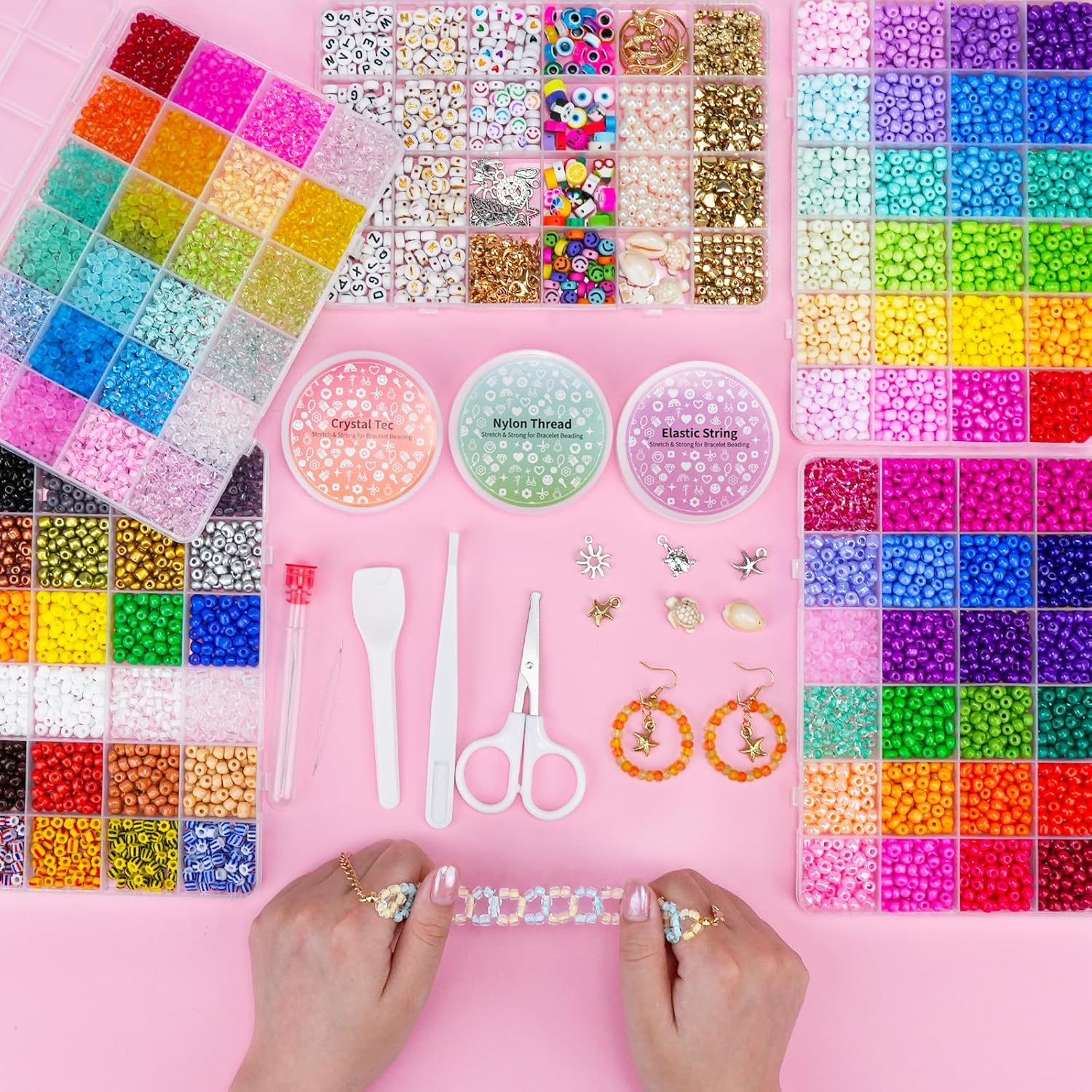 4mm Glass Seed Beads Waist Beads, 15500pcs 96 Colors 6/0 Small Beads for Friendship Bracelet Making Kit with String Cords Letter Charms for DIY Jewelry Making Crafts Kits
