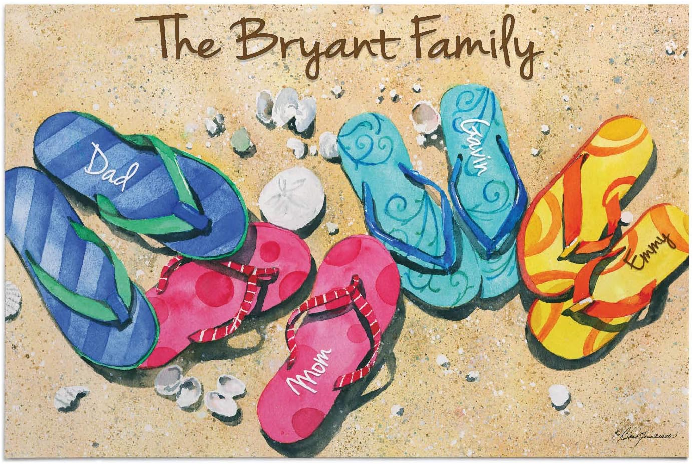 Personalized Planet Flip Flop of 4 Doormat with Custom Family Names Printed on Brown Rectangular 1/8” Thick Non Slip Mat for Kitchen Hallway Deck or Porch, 27x18