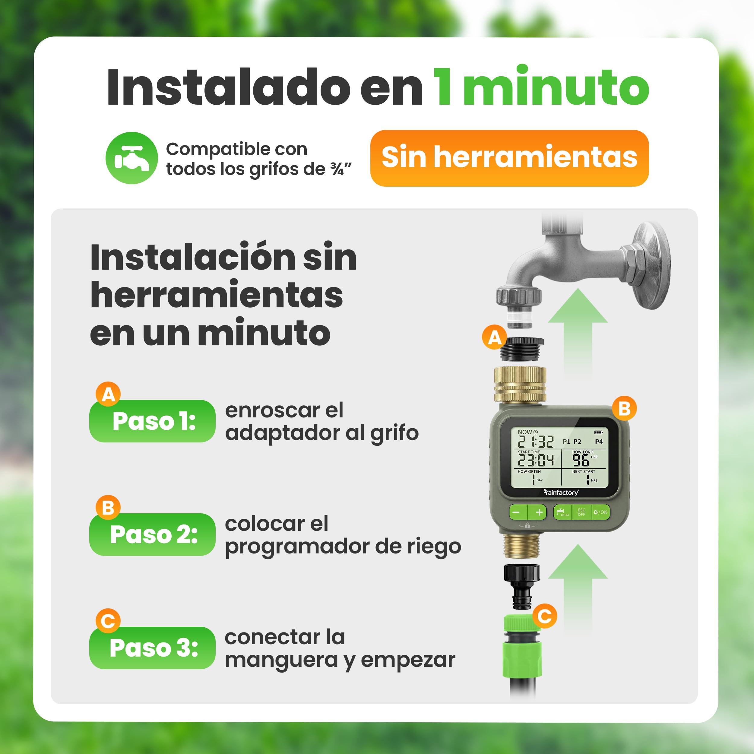 rainfactory - Programador de riego automático 1 Salida, Temporizador riego a Pilas IP65 con Pantalla LCD, 4 programas, Manual, función delay, conexión ¾ para jardín, balcón, macetas, riego por Goteo