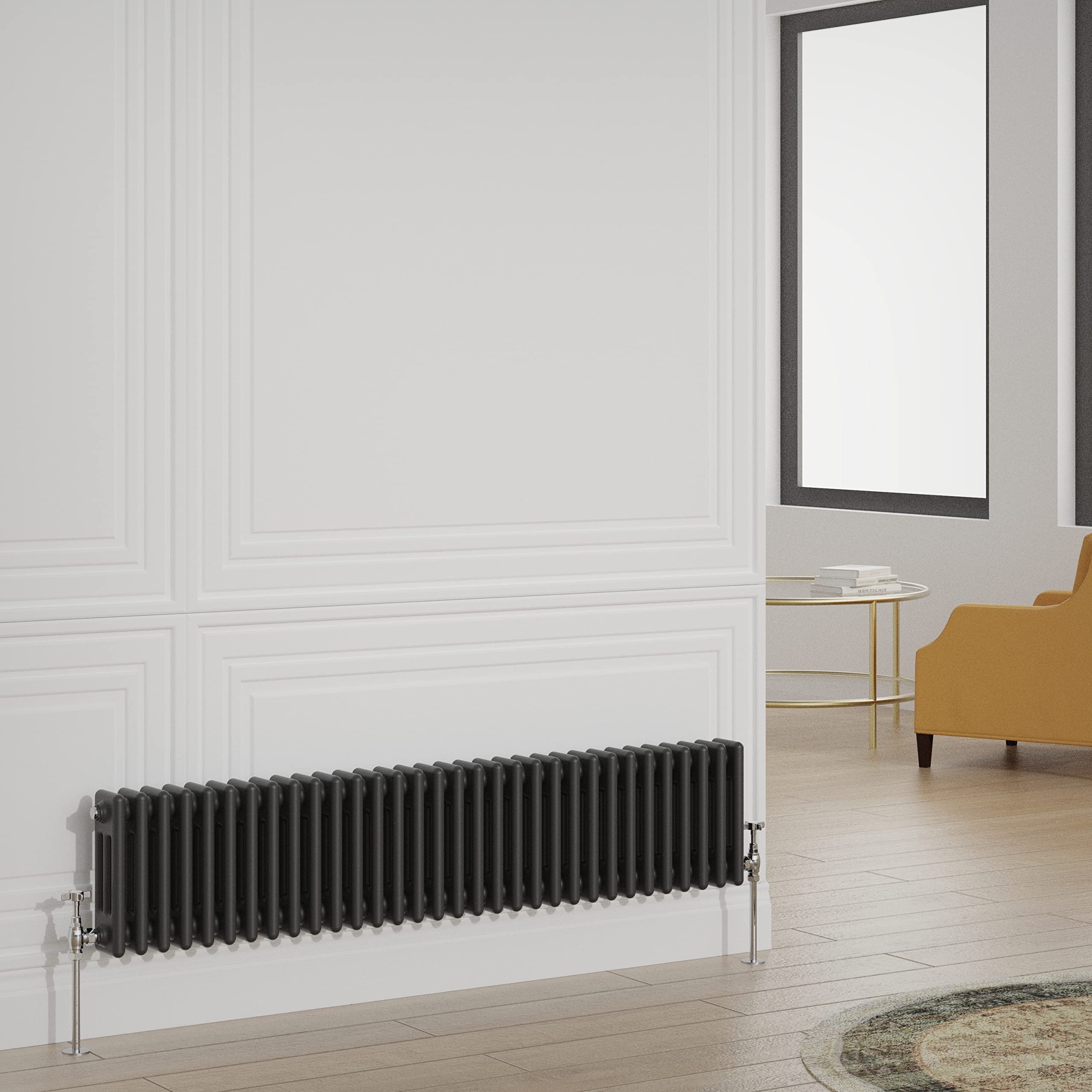 Warmehaus Traditional Radiator Triple Column Black Horizontal Cast Iron Style Central Heating Radiator - 300x1460mm