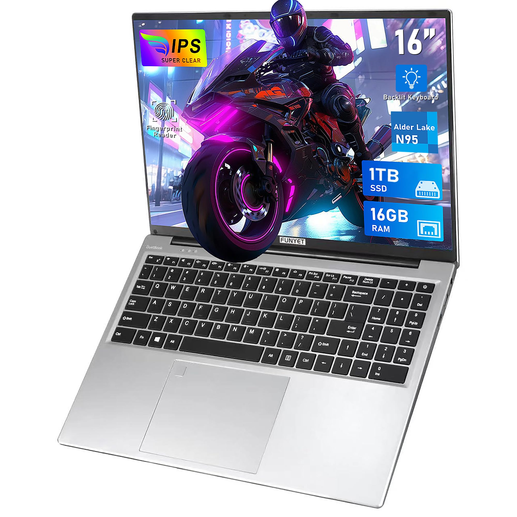 FUNYET Computer portatile da 16", PC portatile Windows 11 Pro, computer portatile N95 CPU 1920 × 1200P IPS FHD Schermo Laptop 16 GB 1 TB SSD USB Bluetooth Mini HDMI WiFi tastiera retroilluminata