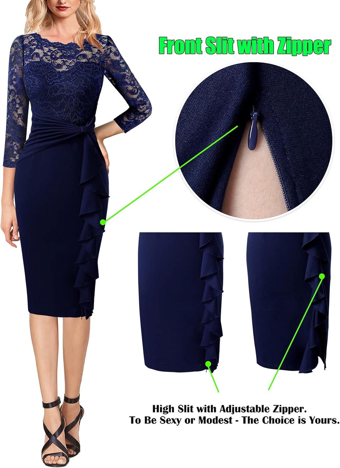 VFSHOW Womens Floral Lace Ruffle Peplum Bow Split 3/4 Sleeve Cocktail Party Bodycon Pencil Dress