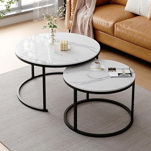 Nesting Coffee Table, White Modern Round Coffee Center Table Set of 2, Sintered Stone Coffee Table for Living Room with Sturdy Black Metal Frame