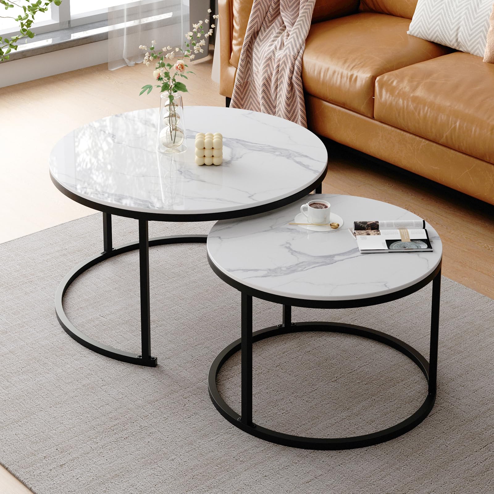 ZL ZELing Couchtisch 2er Set – Rund, Weißer Sinterstein 60/40 Cm, Metallgestell – Nesting-Tische Stapelbar, Modern