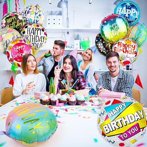 Miniatura 7 de 100 globos de papel de aluminio de feliz cumpleaños para suministros de decoración de fiestas de cumpleaños, globos redondos de Mylar flotantes de