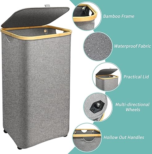 Miniatura 5 de Cesta de lavandería con ruedas y asa, cesta de lavandería de 100 litros con tapa y bolsa extraíble, cesta plegable para ropa sucia con ruedas, cesta