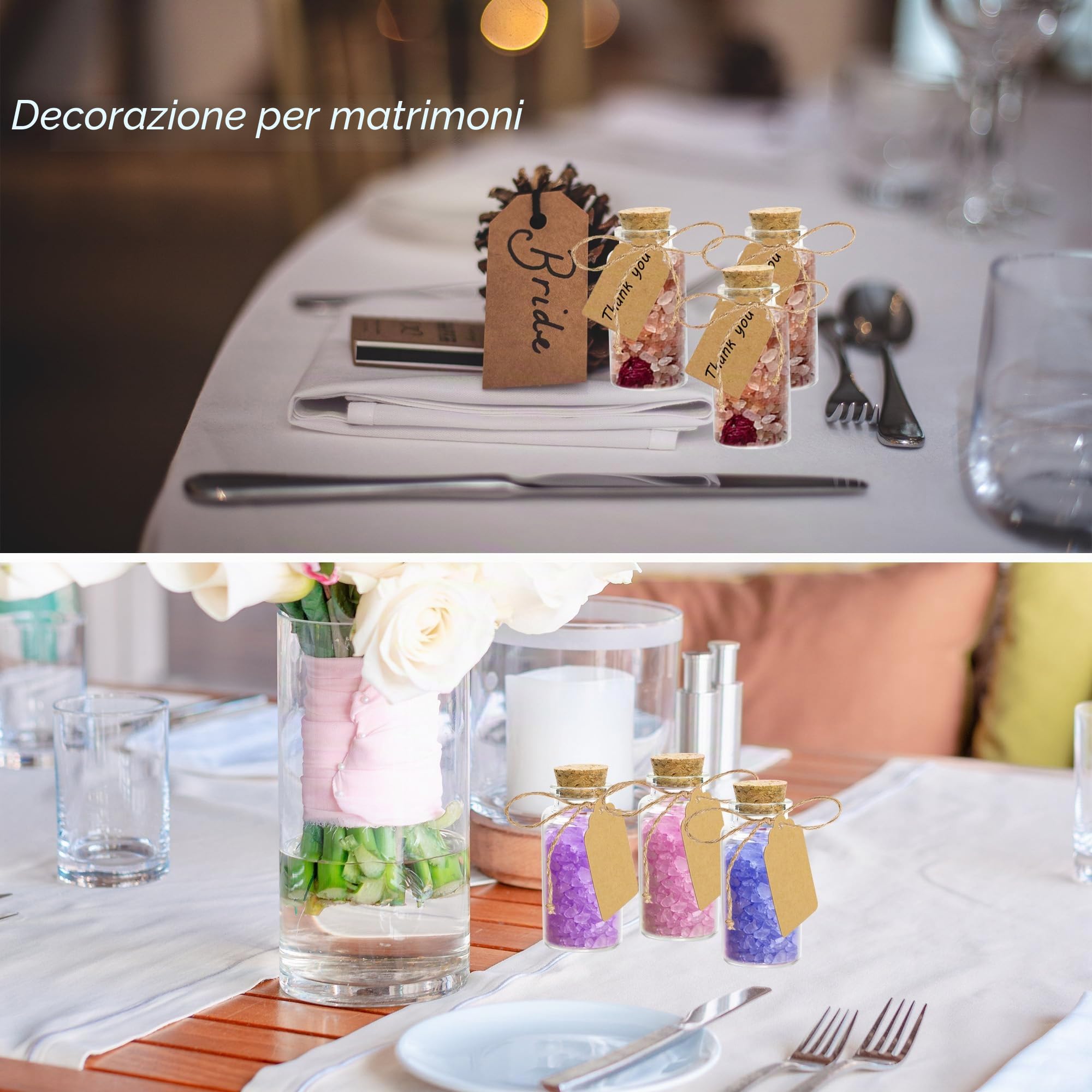 Confezione da 40 mini bottiglie in vetro tappo sughero, 50 ml, bomboniere nozze, etichette cordoncino