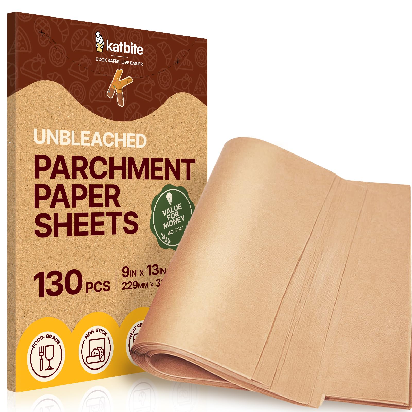 Katbite 9x13 Inch Parchment Paper Sheets 130PCS, Unbleached Non-Stick